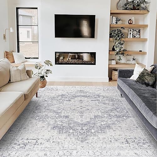 Vista 64 de Alfombra moderna de estilo bohemio para sala de estar, lavable, desgastada, con patrón de medallón de damasco, para sala de estar, hogar, oficina