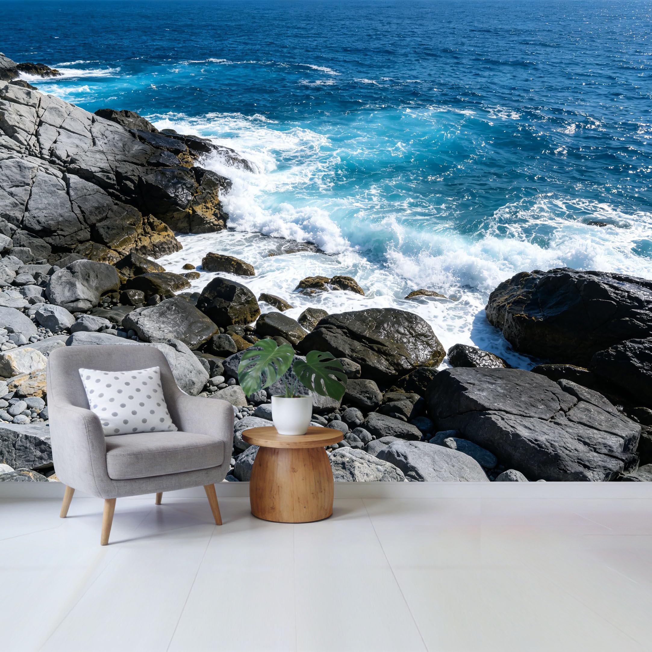 Qzlithotic Yq2605250024 Custom Size Wall Mural Coastal Blue Ocean Waves Crashing Over Rocky Shore Landscape Selfadhesive Wall Fabric Removable Wallpaper For Home Office Decor
