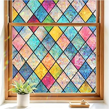 Haton Stained Glass Winodw Film, Rainbow Lattice Stickers, 23.6" x 78.7"