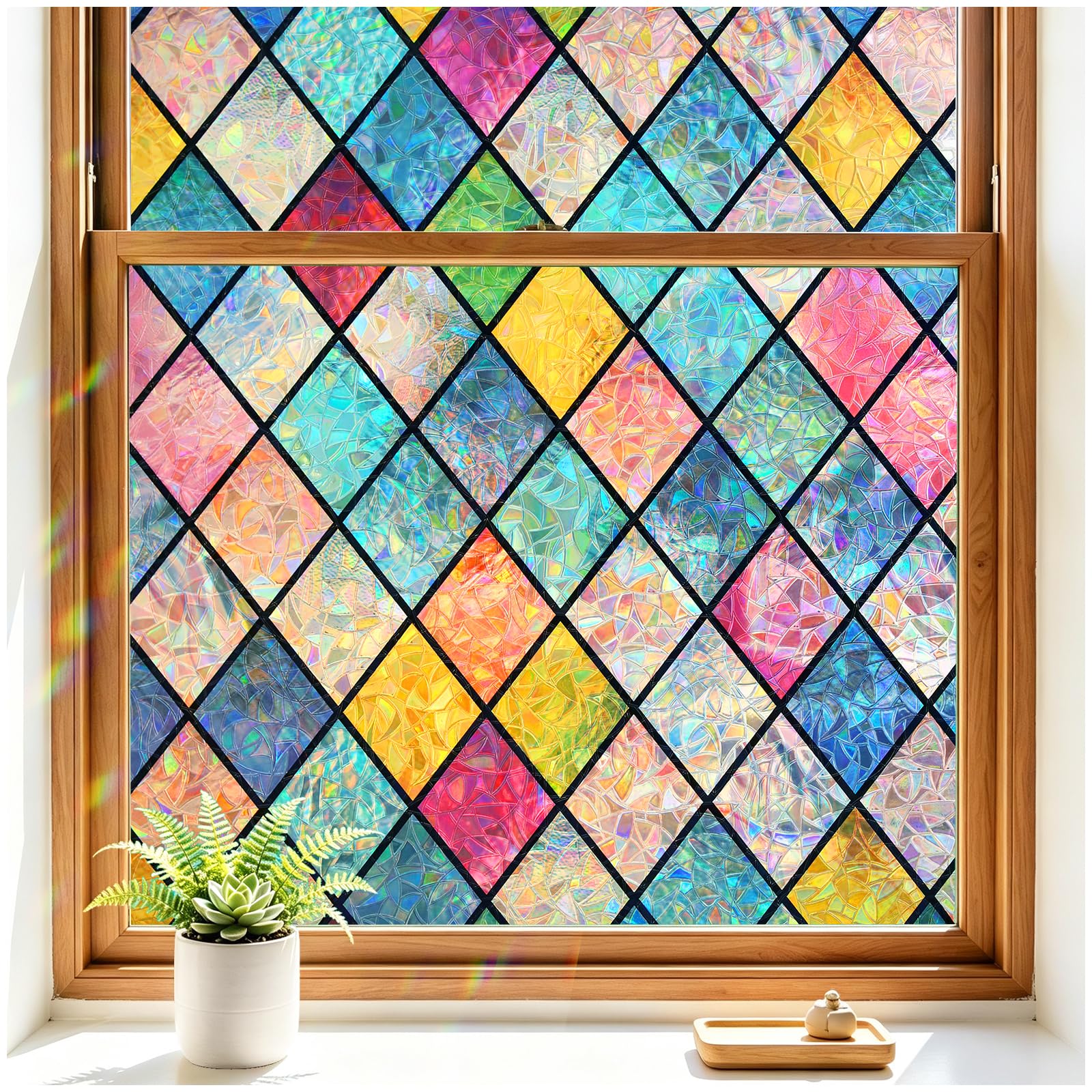 Haton Stained Glass Window Film, Rainbow Window Privacy Film, Decorative Sun Blocking Glass Clings Stickers, Static Cling Colorful Lattice Coverings Decals for Home Door 60x300cm