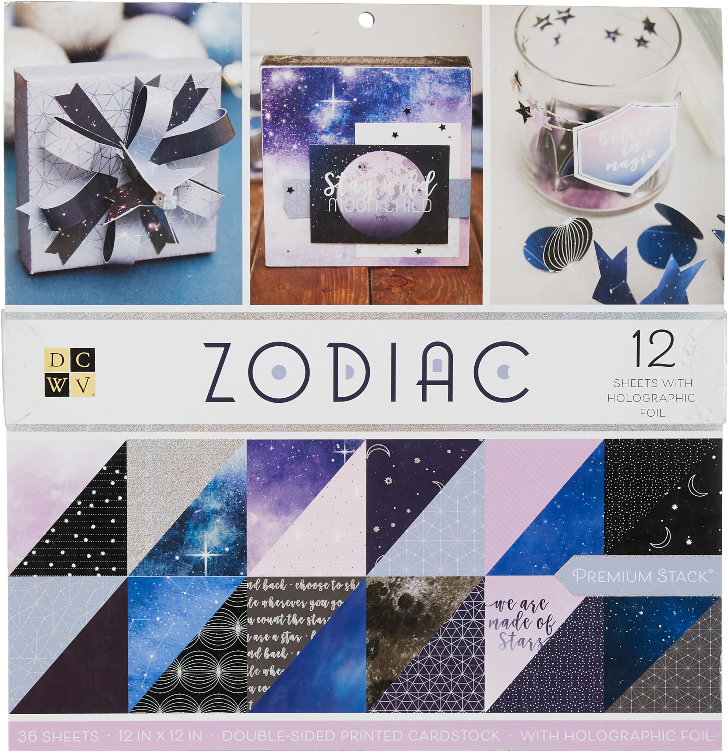 Printed Cardstock Paper 12x12, 36 Sheets of Scrapbook Paper for Crafts and Card Making, Double Sided Heavy Duty Cardstock with Foil Accents - Zodiac