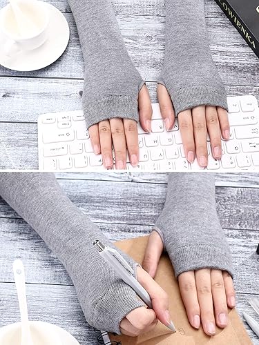 Miniatura 6 de SATINIOR 4 pares de guantes largos sin dedos, calentadores de orificio para el pulgar hasta el codo, calentadores de brazos, mangas de brazo para