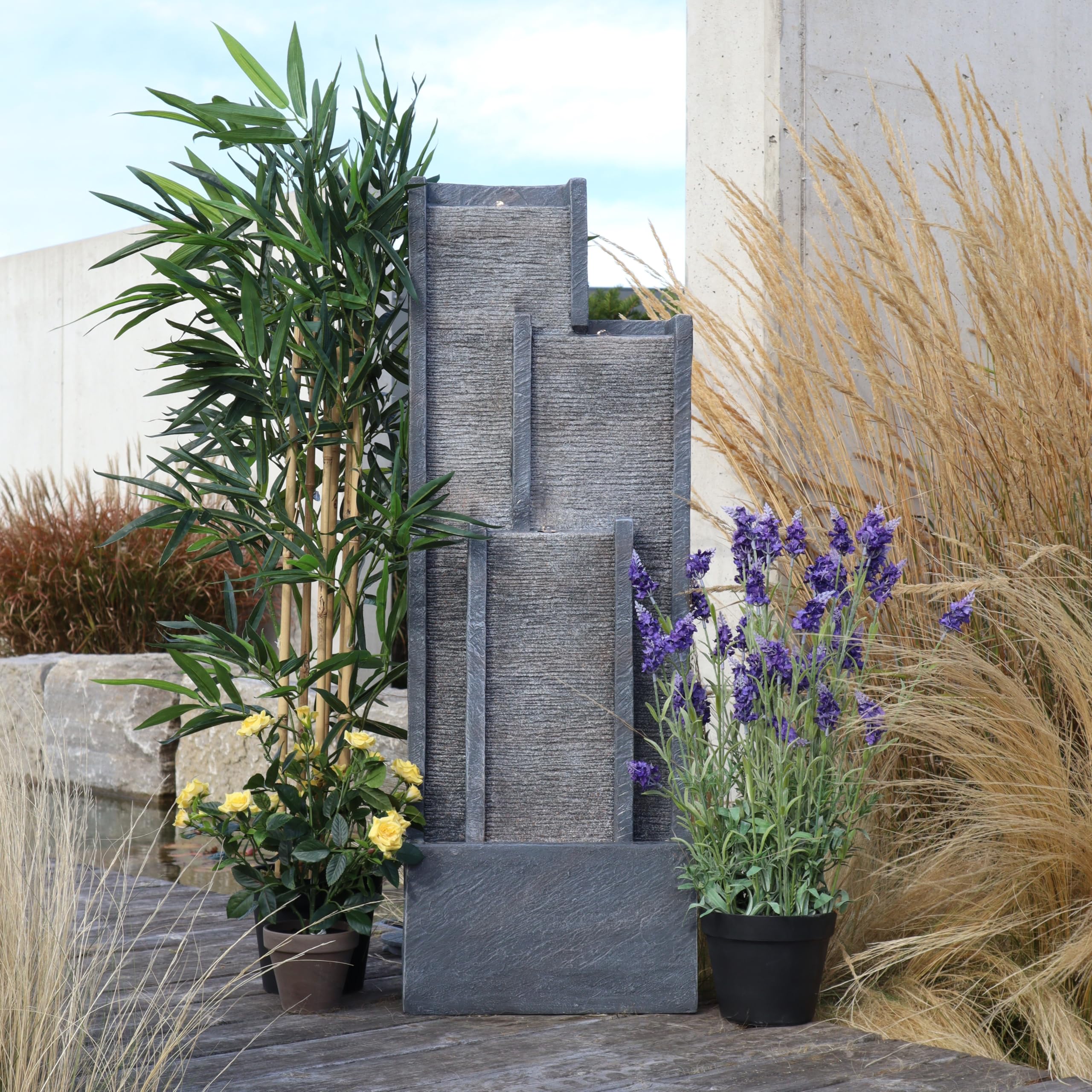 Wacredo Premium Wasserspiel Komplettset Venezuela inklusive Pumpe 100cm Zimmerbrunnen Indoorbrunnen Springbrunnen Granitoptik für Wohnraum und Garten 3X LED Spots und LED Band hochwertig handbemalt