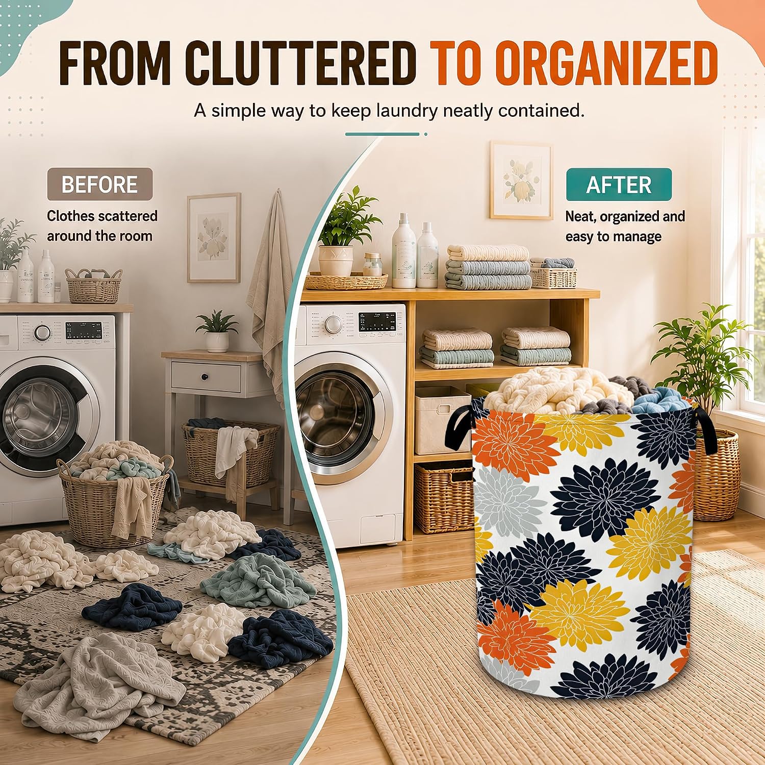 Dahlia Laundry Basket,Yellow Orange Flowers Large Collapsible Portable Round Laundry Hamper with Handles,Oxford Storage Bin for Clothes,Blankets,Bedroom,Bathroom image 4