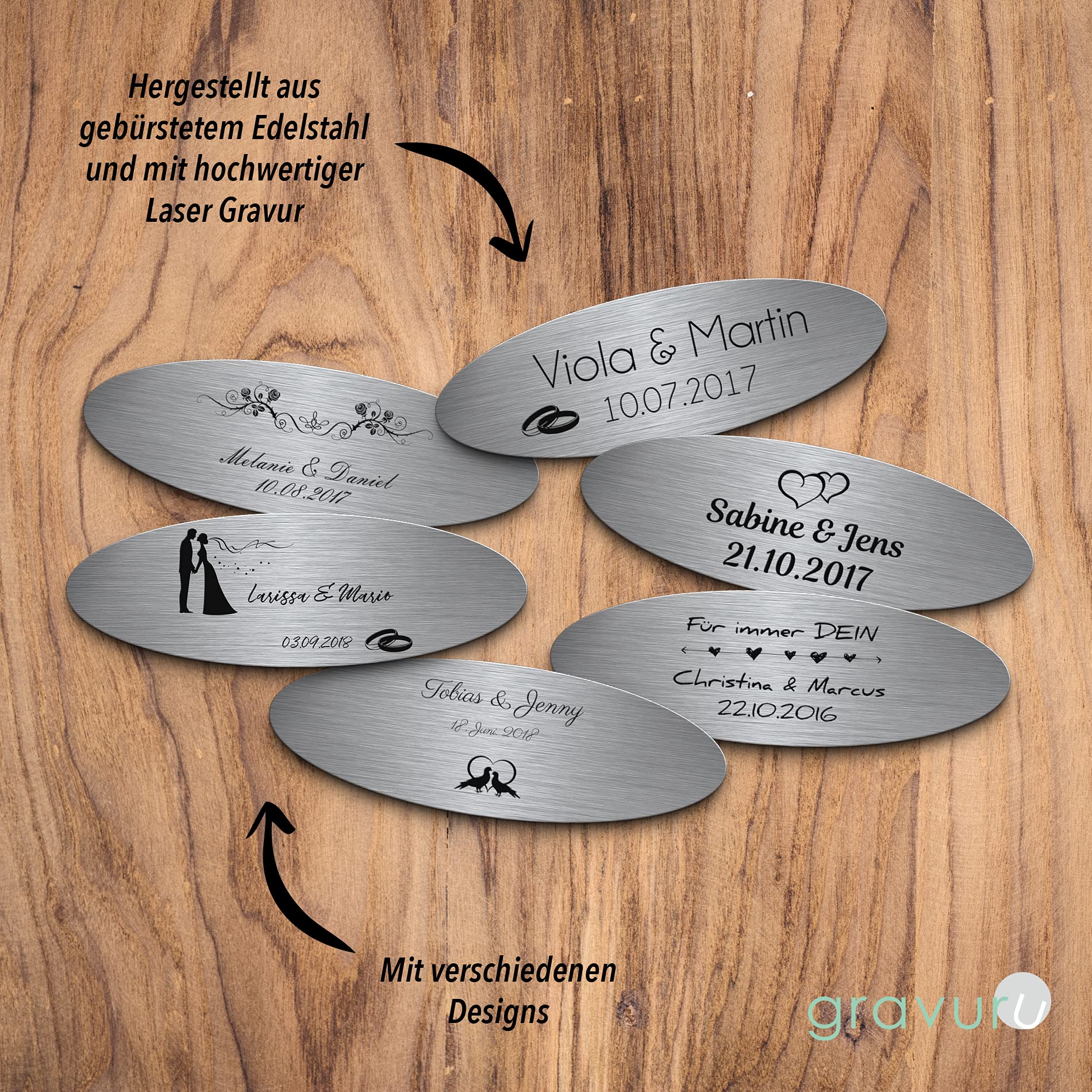 Hochzeitsschild aus Edelstahl oval mit Namen oder Spruch & Herzchen | Wetterfest & viele Motive zB für Hochzeitsbank | Goldene Hochzeit Geschenke zur Silberhochzeit Hochzeitsdeko