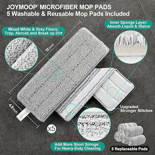 Vista 64 de JOYMOOP Juego de trapeador y cubo con escurridor, juego de cubo plano blanco para limpieza de pisos, limpiador de pared húmedo y seco con mango