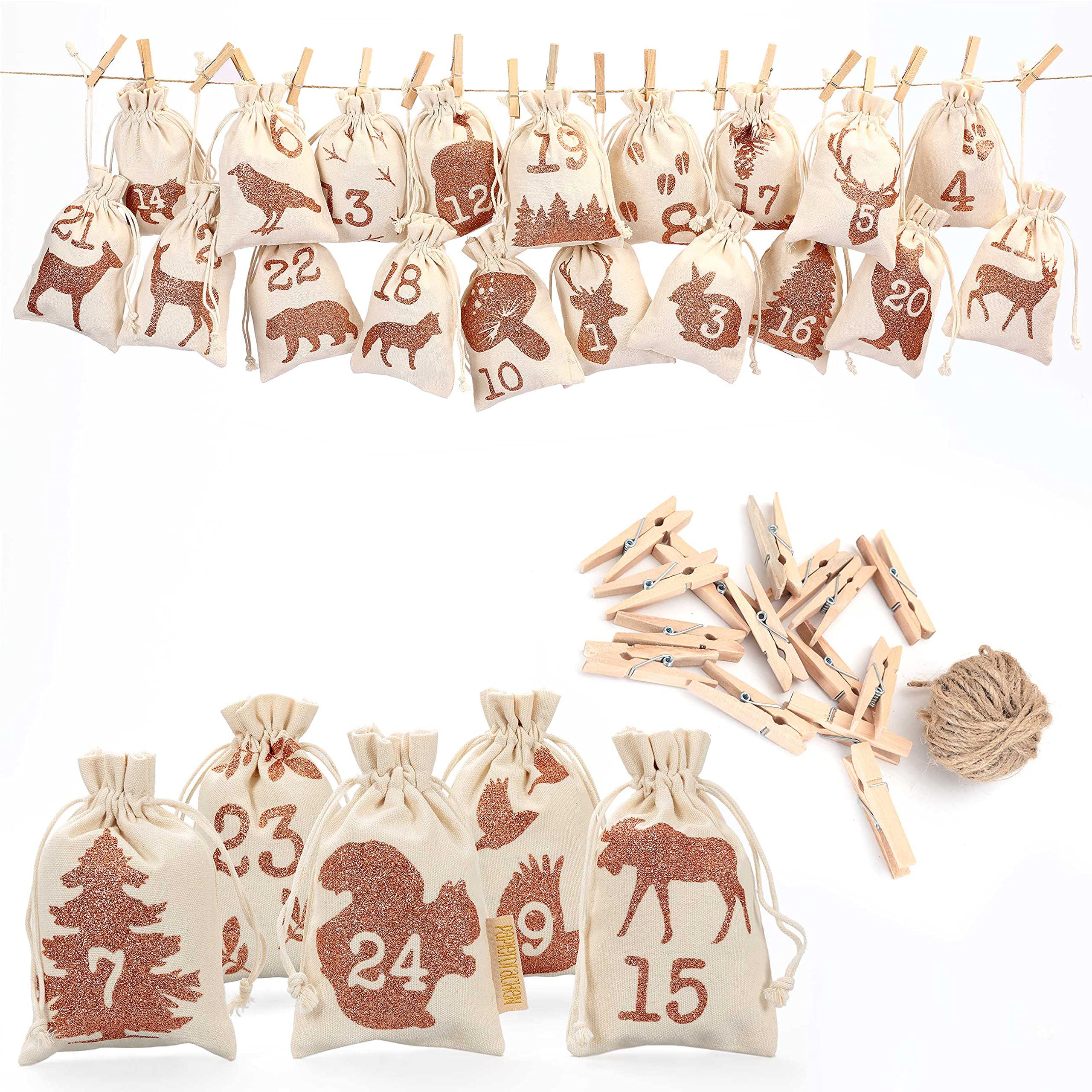 Papierdrachen Adventskalender 2026 - Stoffsäckchen Glitzende Waldtiermotive