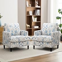 Mid-Century Accent Chair, Blue Flowered Armchair Living Room Chairs, 2 Pack | Comfy Upholstered Reading Accent Chairs for Bedroom,Modern Single Sofa Chair with Wood Legs