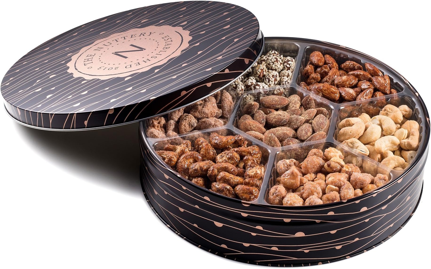 Premium Quality 7 Section Nuts Gift Tin Includes Gourmet Healthy Food Snacks Of Fresh Dry Roasted Salted and Sweet Mixed Nuts Perfect Holiday and Corporate Basket