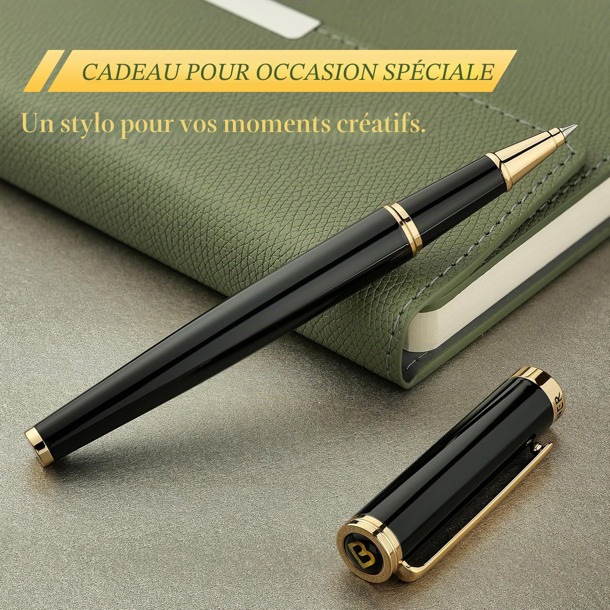 BEILUNER Stylo Bille Luxe, Finitions Or 24K, Design Noble et Élégant, Recharge Schneider, Set-Cadeau Hommes/Femmes, Professionnel, Bureau, Belle Stylo (Noir & Or)