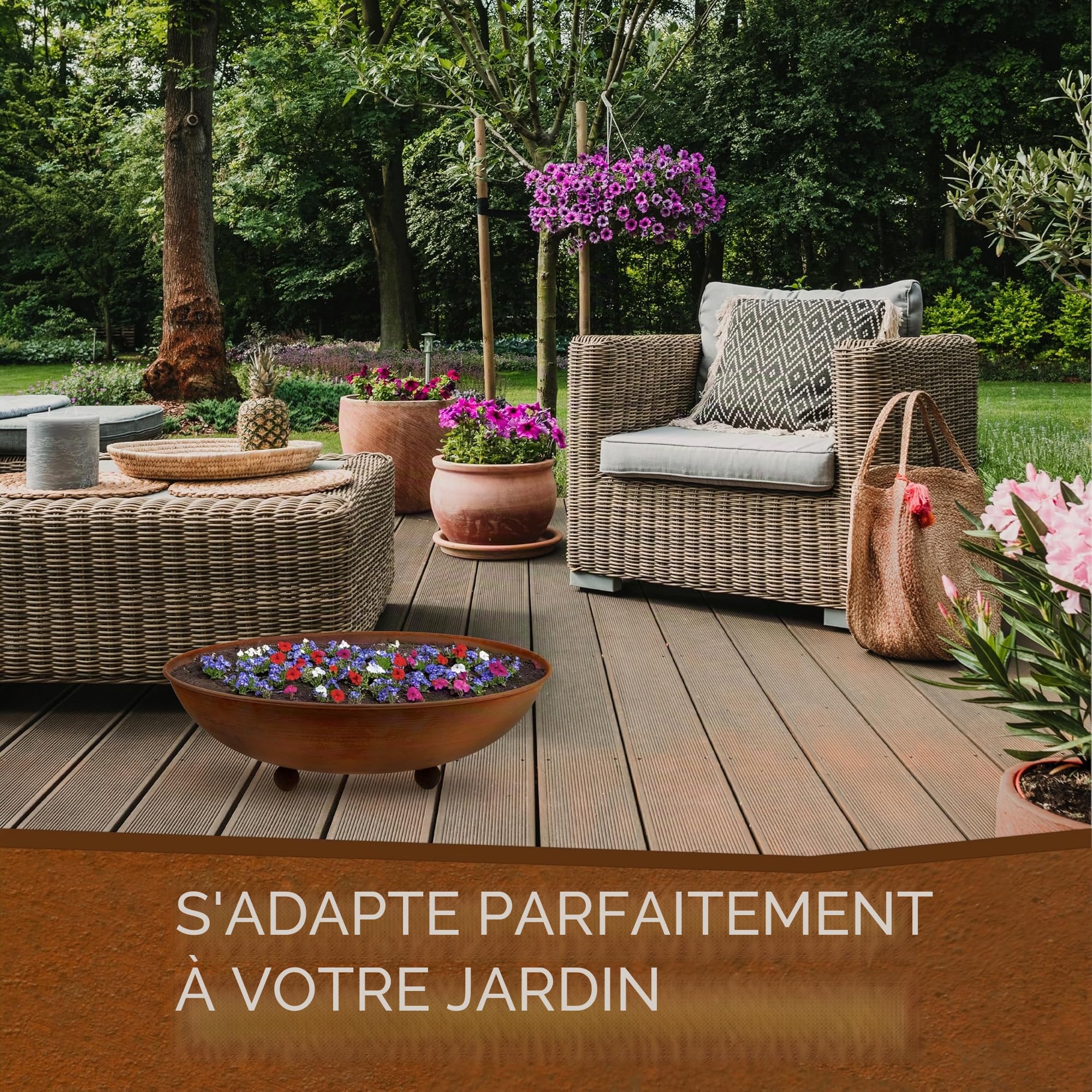 Rostikal Cortenstahl Bol décoratif en métal sur pieds sphériques - Pour l'extérieur - Résistant aux intempéries - Pour jardin, balcon et terrasse - 53 cm - Rouille