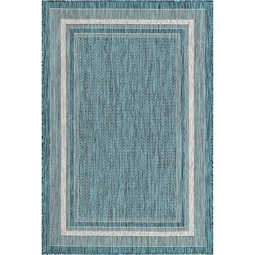 Unique Loom Outdoor Collection Transitional Indoor & Outdoor Casual Solid Tonal Border Area Rug, 4 x 6 ft, Teal/Beige