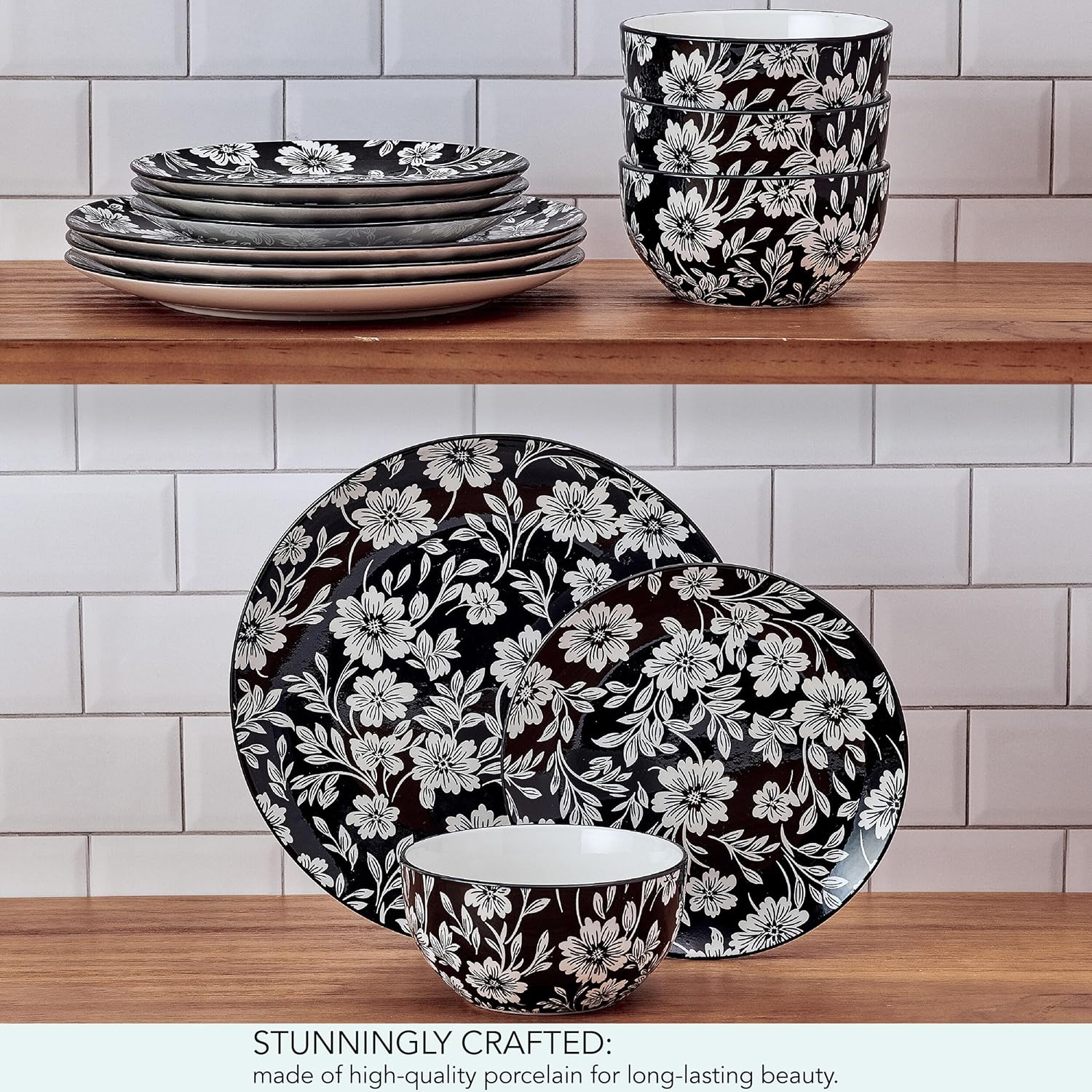 Pfaltzgraff Midnight Blooms 12 Piece Floral Stoneware Dinnerware Plate Bowl Dish Set, Service for 4, Black - Image 6