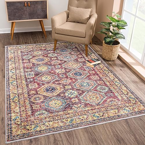 Bloom Rugs Alfombra tradicional oriental lavable de 2 x 3 pies, color rojo oscuromulticolor, para sala de estar, dormitorio, comedor y cocina,