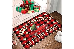 Christmas Door Mat Buffalo Plaid Retro Truck Welcome Courteous Doormat