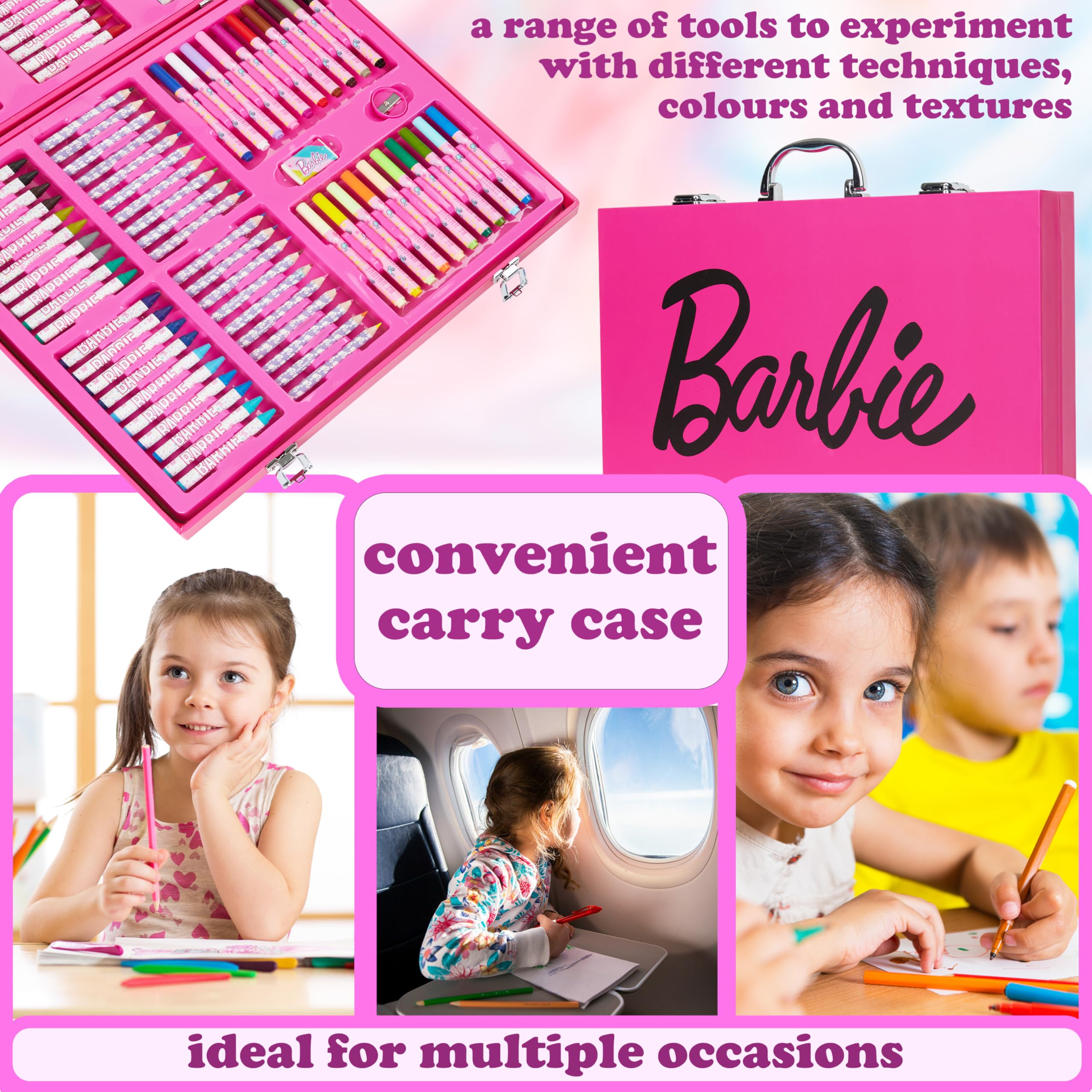 Barbie Art Supplies Set, 130+ Pcs Girls Drawing Colouring Travel Case with Crayons, Felt Tips Colouring Pencils - Girls Gifts - Image 2