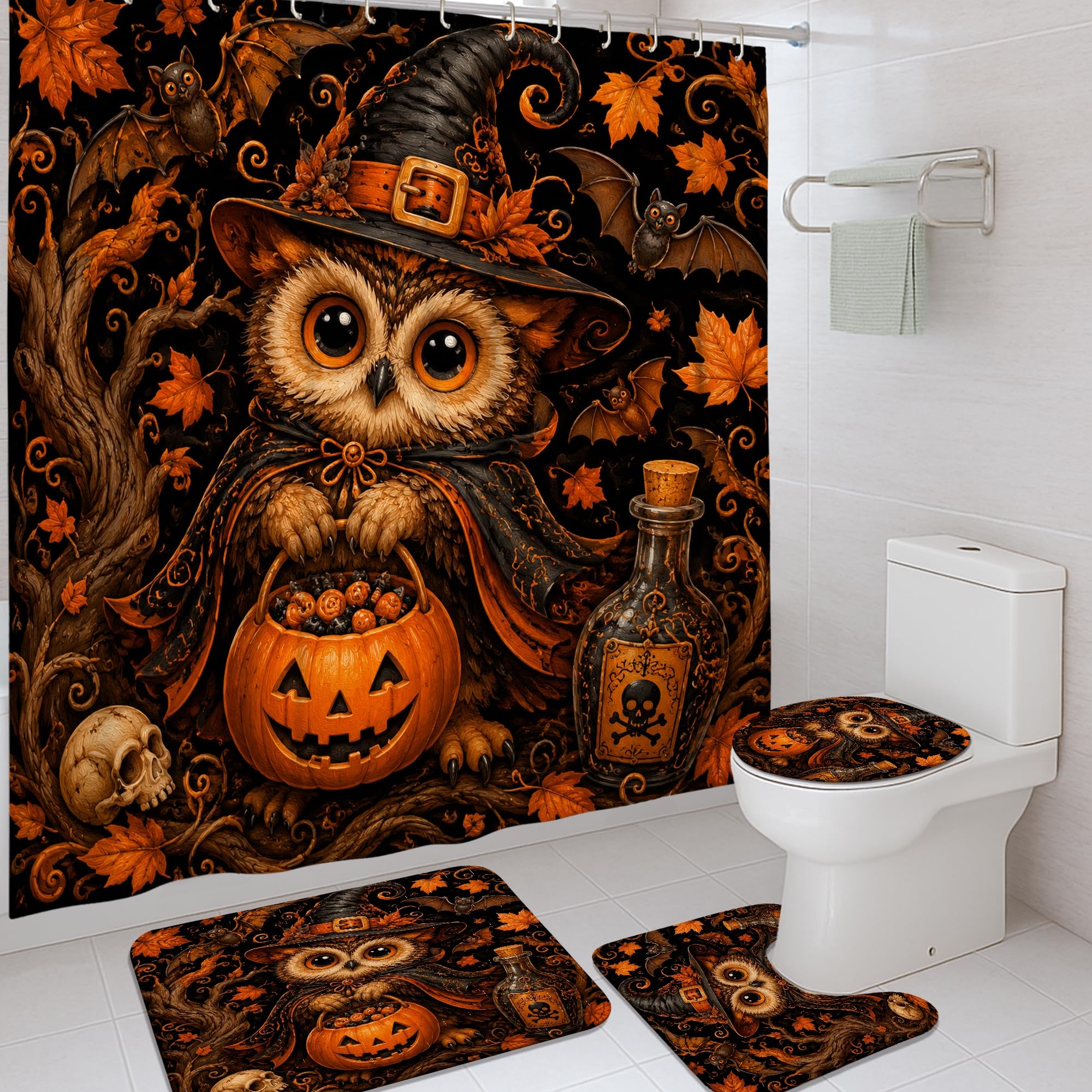 Rideau de douche Halloween chouette et citrouille imperméable 183x183