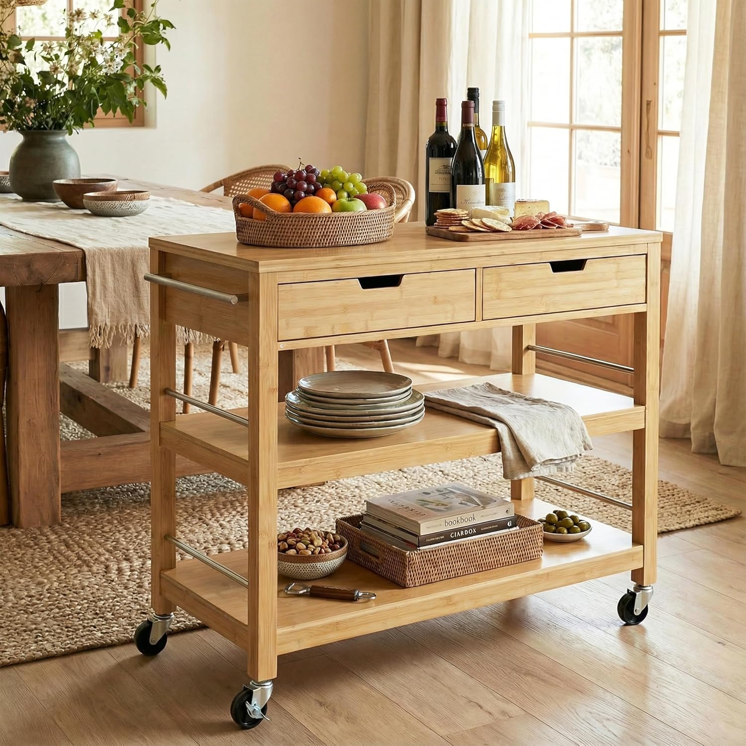 Christopher Knight Home Metis Bamboo Rolling Bar Cart with Storage, Kitchen Island on Wheels with Drawers, Mobile Kitchen Cart Storage Cabinet, Rolling Serving Cart, Shelf Rack Organizer, Natural