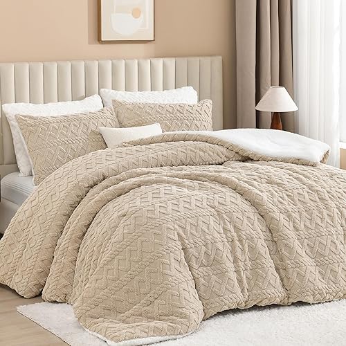 Miniatura 9 de Andency Juego de edredón esponjoso de color caqui, tamaño Queen, juego de edredón de 3 piezas de pelo sintético suave y mullido para cama Queen,