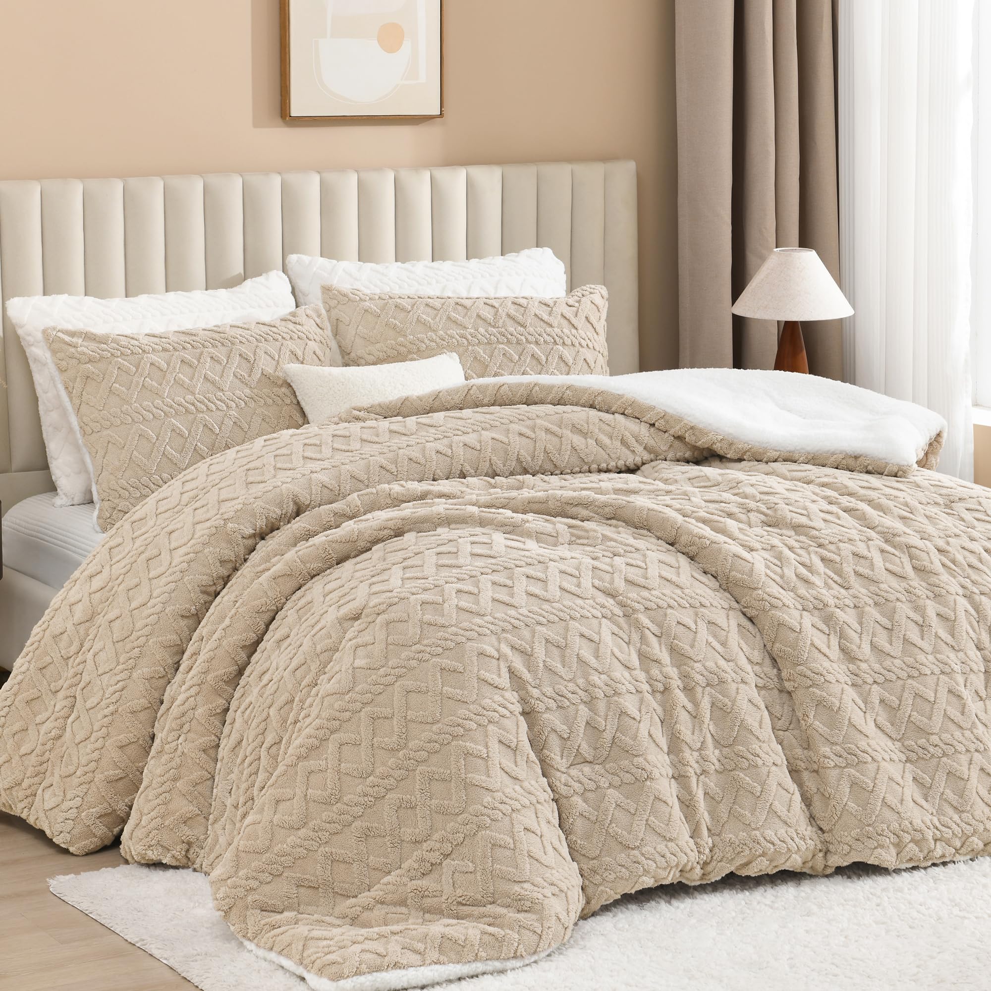 Andency Sherpa-Bettwäsche-Set – Superweich, Kuschelig Warm & Im Trendy Boho-Look, 3-teilig In Beige
