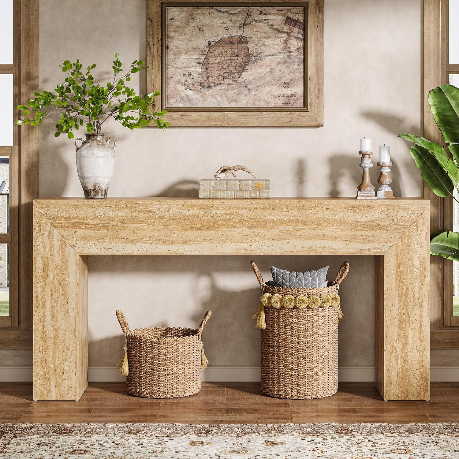 Tribesigns console table positioned behind a sofa in a living room, adorned with decorative baskets and plants.