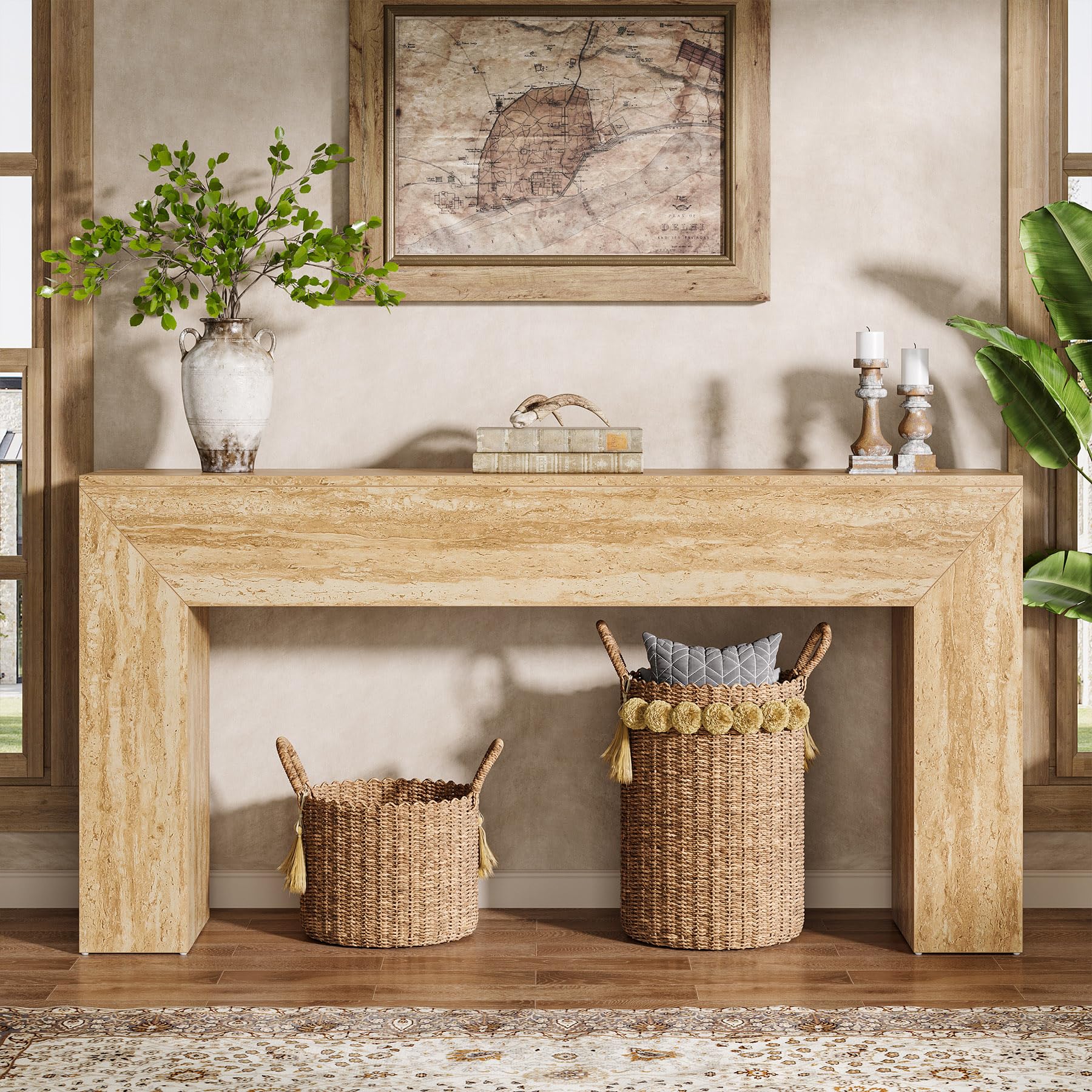 Tribesigns Table d'entrée de 160 cm, console de canapé longue étroite avec finition en travertin synthétique et pieds robustes, table d'accentuation rectangulaire en bois derrière le canapé pour salon