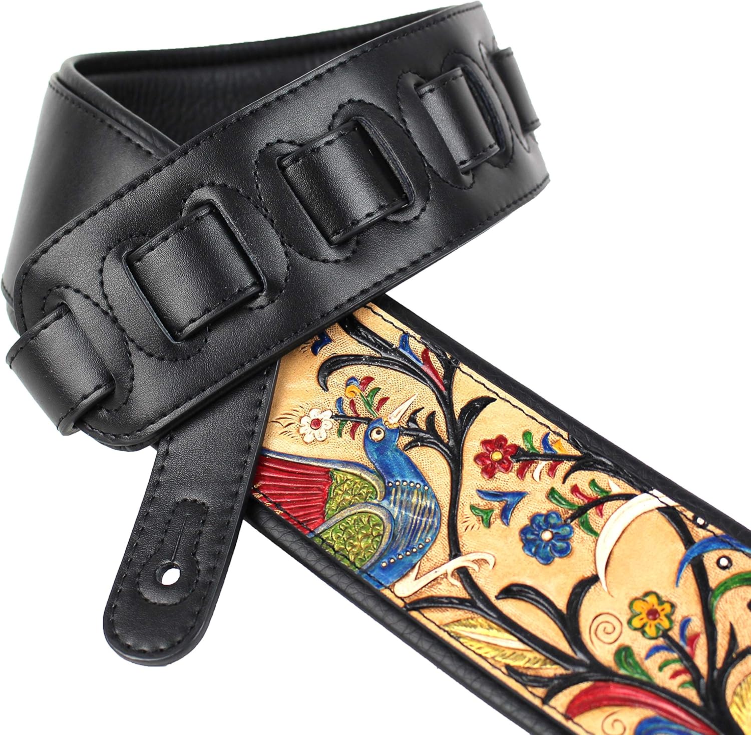 Walker And Williams KB-55-TN Handmade Heritage Series Guitar Strap With Traditional Peacock And Sparrow Design On Premium Tan Carved Leather For Acoustic, Electric, And Bass Guitars