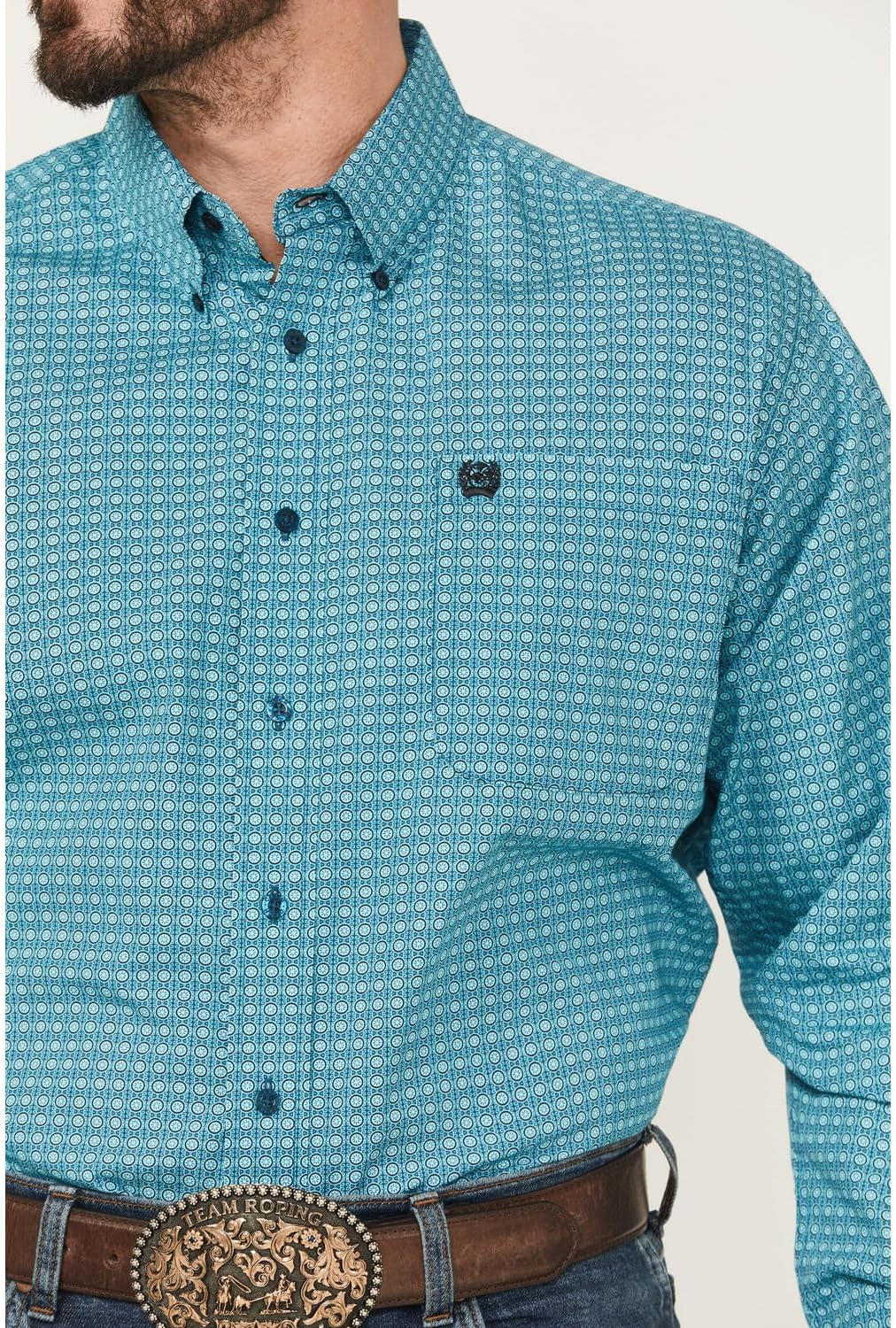 Cinch Mens Turquoise Medallion Print Long Sleeve Button Down Shirt - Image 3