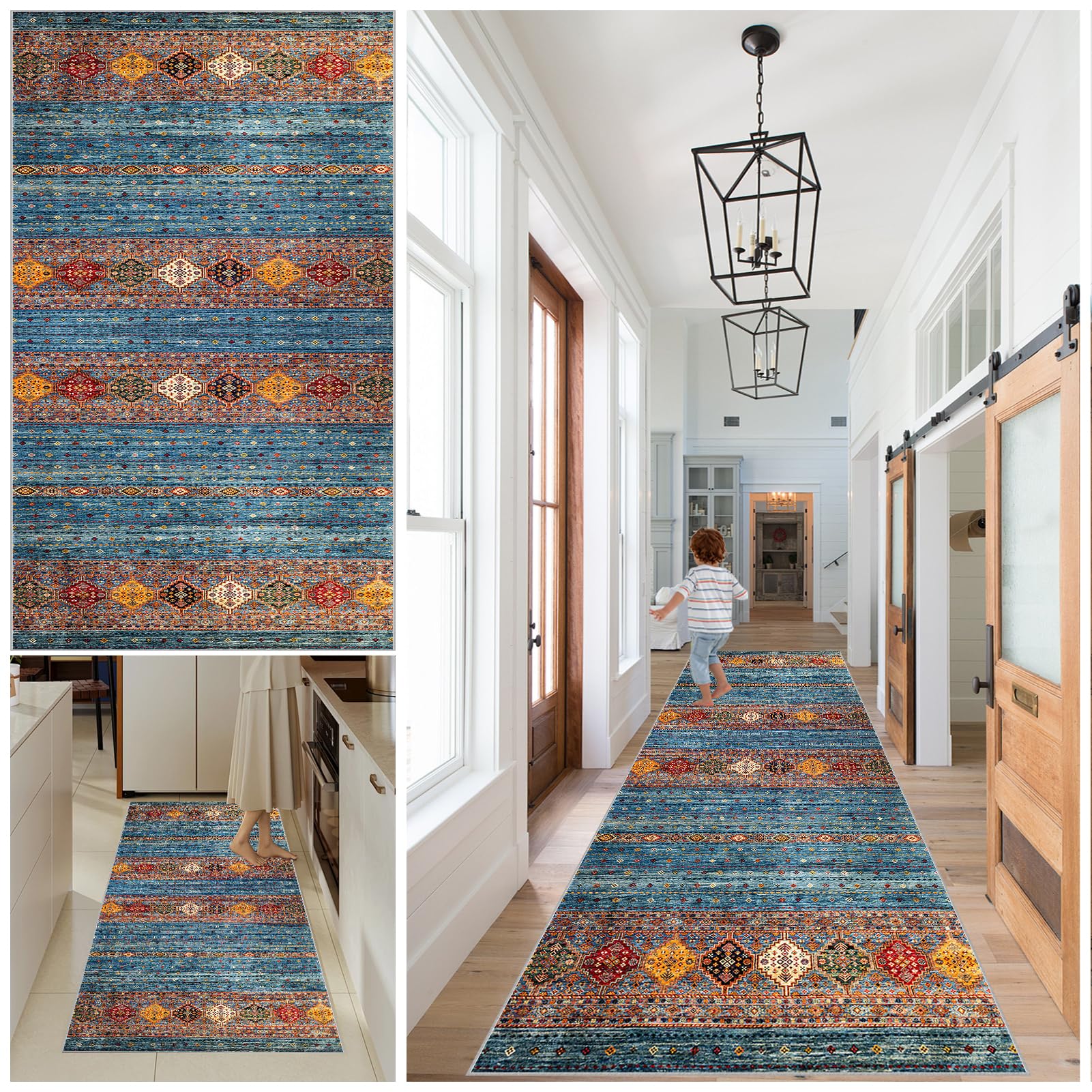 Hallway Runner Rug Kitchen Runners Non Slip washable runner Vintage Carpet Runners for Entryway Long Absorbent Low Pile Floor Mat Hall Runners for Kitchen Bedroom Entryway Laundry 70 x 380 cm