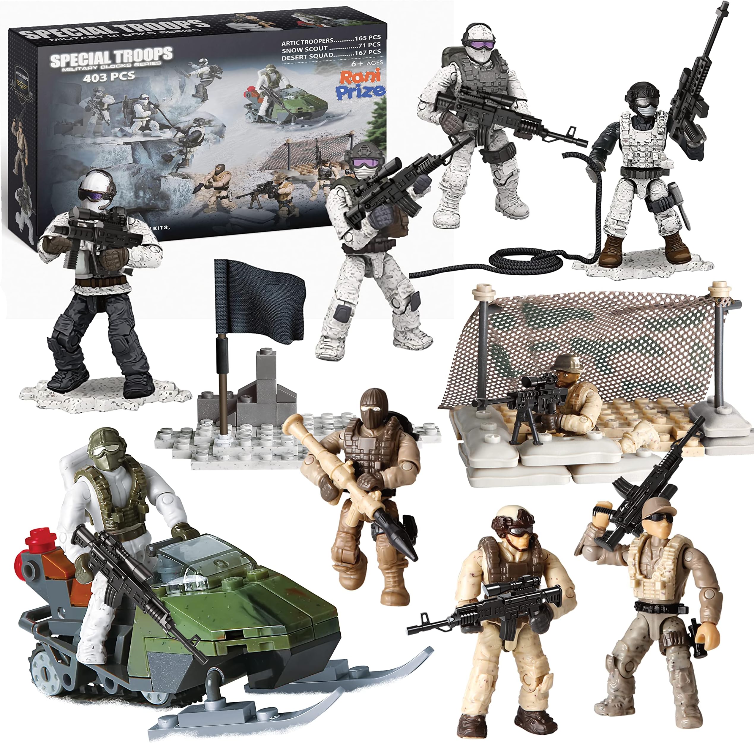 Special Forces Mini Action Figures Includes 3 Army Building Sets with 9 soldiers Arctic Troopers Snowmobile Scout Desert Squad Special Troops Toy Gifts 10+ Kids & parents - Quality Family Time 403 Pcs