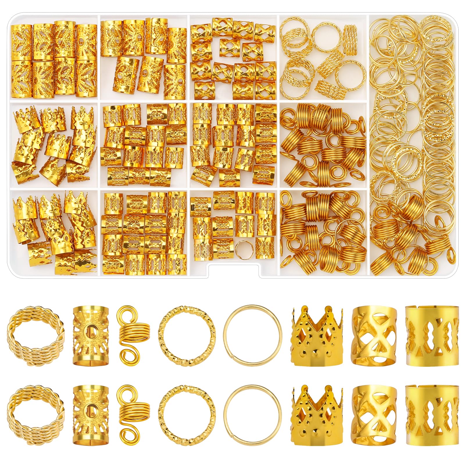 Etercycle 262pcs Hair Jewellery for Braids Gold Dreadlock Beads Locs Accessories Hair Charms Rings for Women Girls Hair Braids Decoration (Gold)