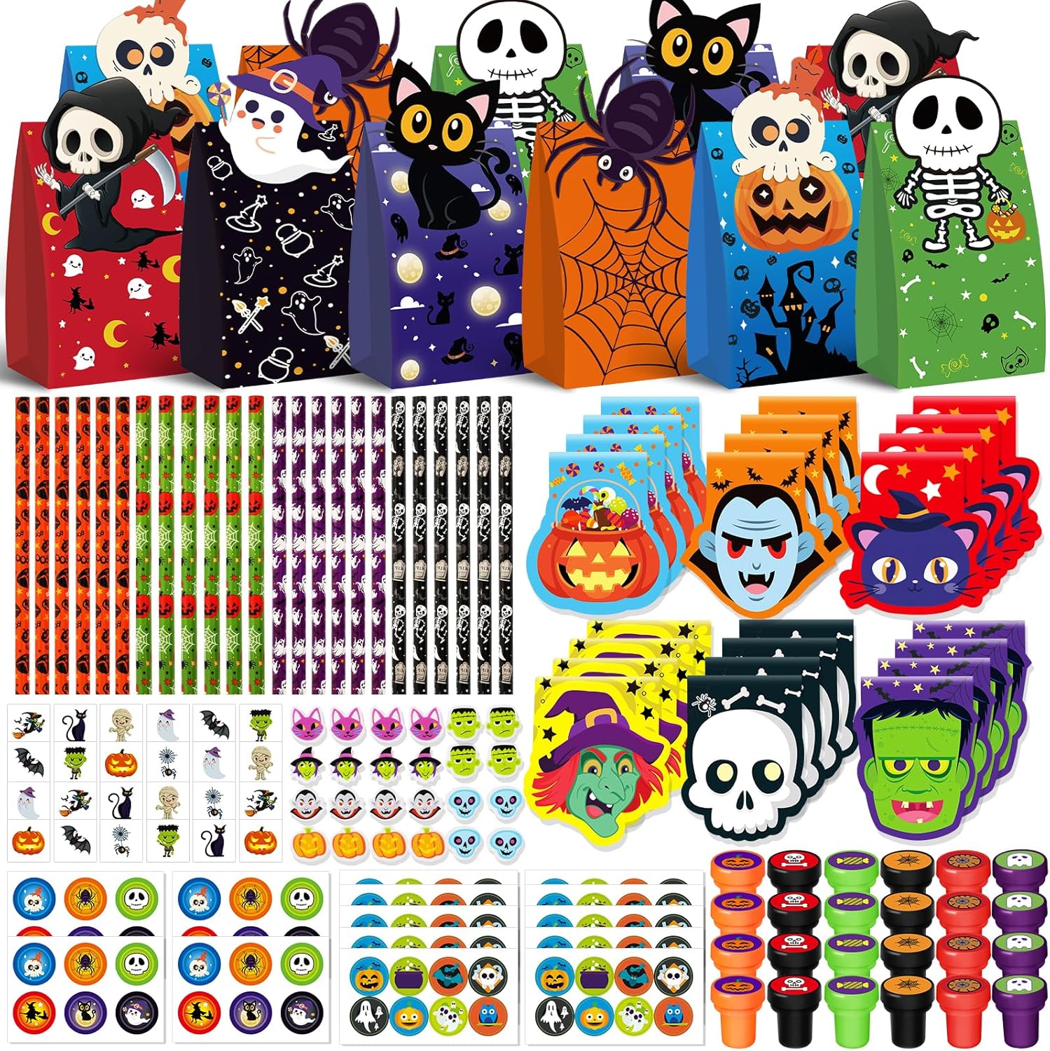 SpringFlower Halloween Party Favors for Kids,168 PCS Halloween Stationery Set,Halloween Prizes,Trick or Treating Goodie Bag Fillers including Notepad,Stamper,Sticker,Pencil,Eraser,Ruler