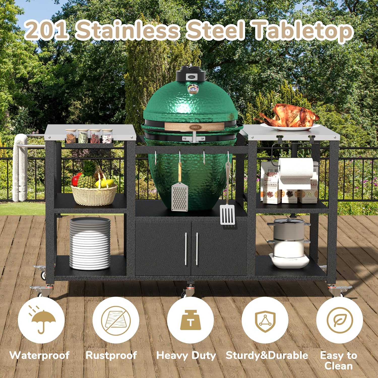 BlueWish Grill Table for Outdoor Kitchen, Movable Outdoor Grill Cart with Stainless Steel Countertop & Wheels, Food Prep Table Compatible with Large Big Green Egg, Kamado Joe