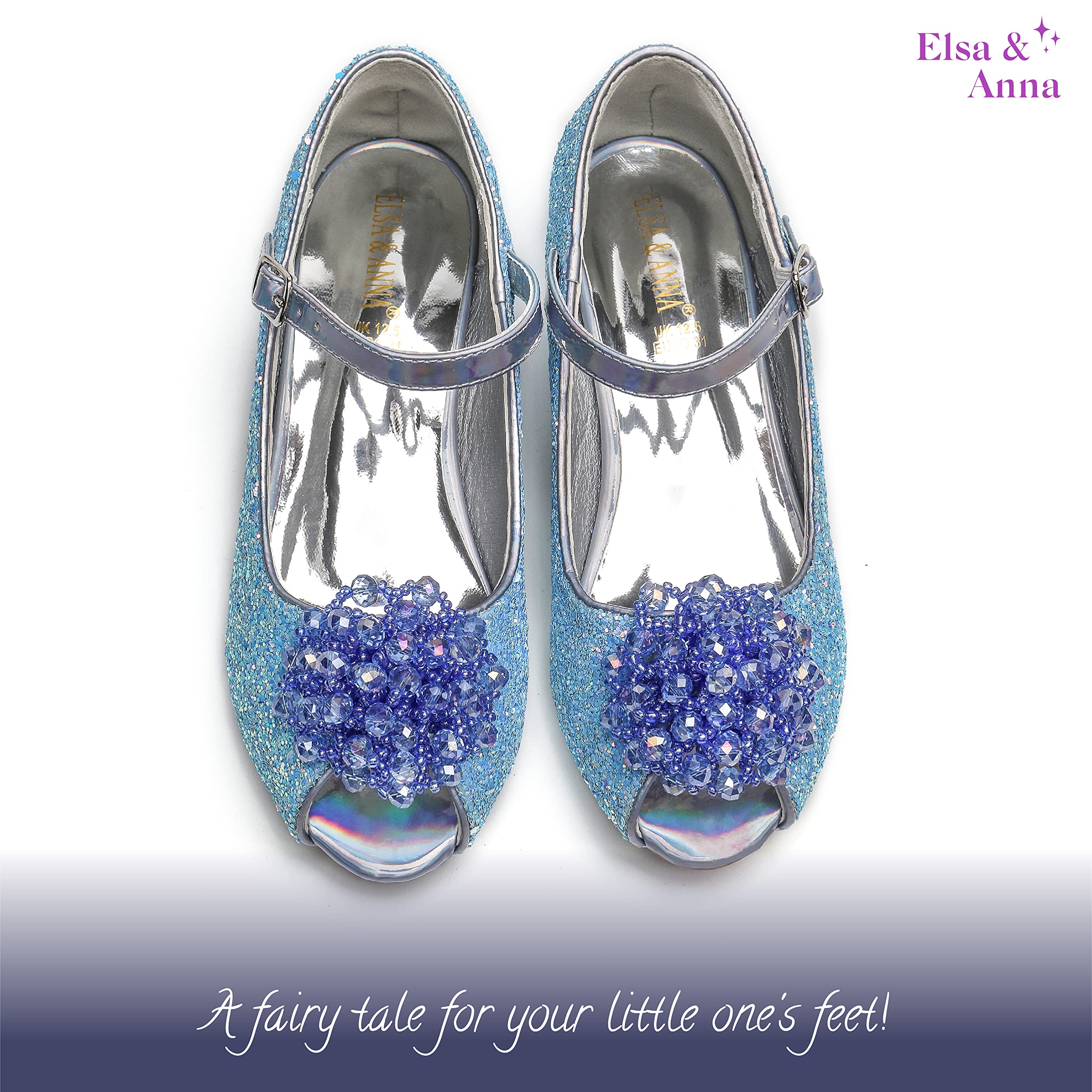 ELSA & ANNA Zapatos de princesa niña - Zapatos de fantasía con brillos y cristales - 3 cm tacón - Para fiestas, cumpleaños y cosplay - Tacones niña princesa (BLU23)