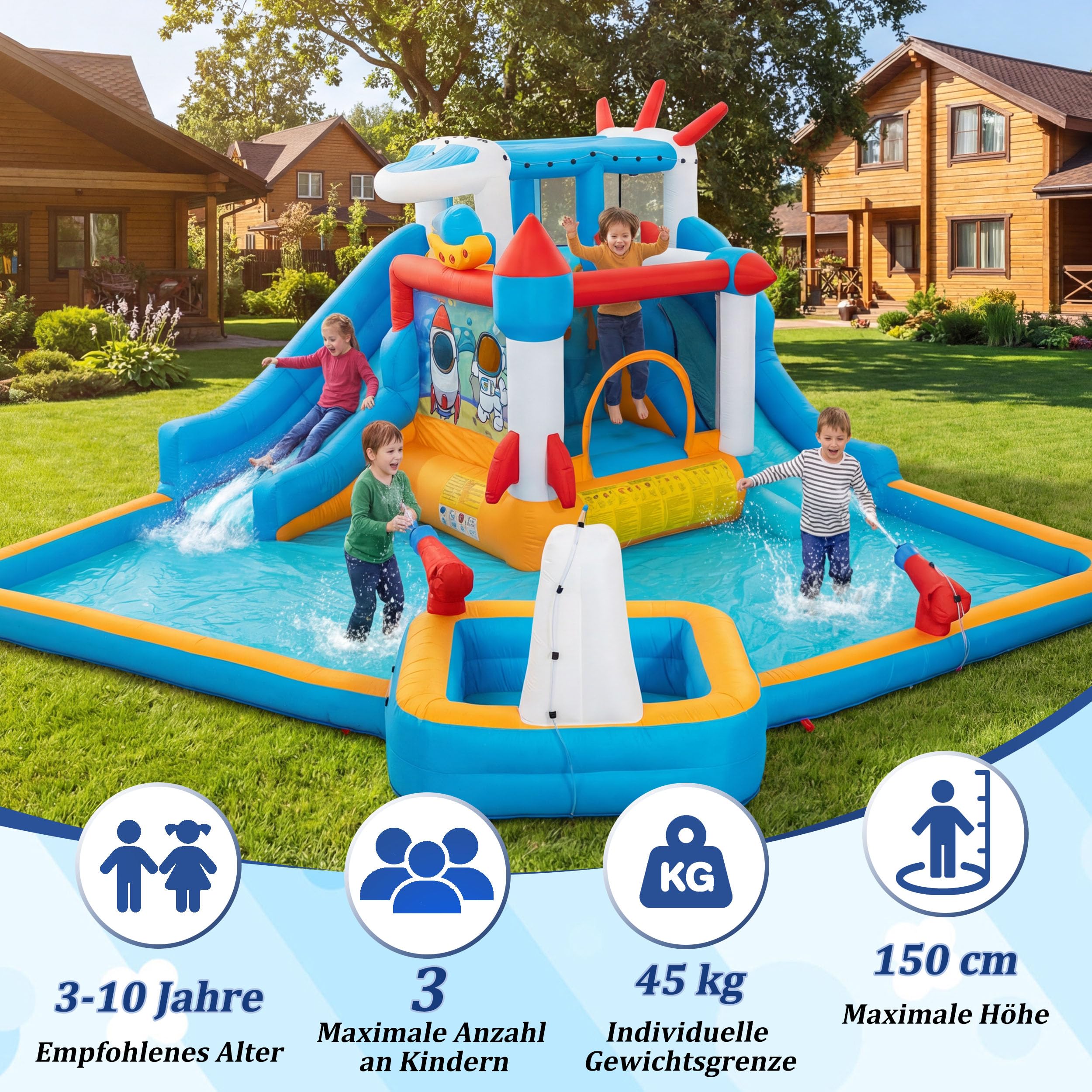 UEV Aufblasbarer 6-in-1 Hüpfburg XXL mit Gebläse 580W, Trocken-/Wasserrutsche, Wasserpark Groß for Indoor & Outdoor,Raketen-Thema, EN71-1/2/3, geeignet für Kinder von 3 bis 10 Jahren, 452x437x213cm