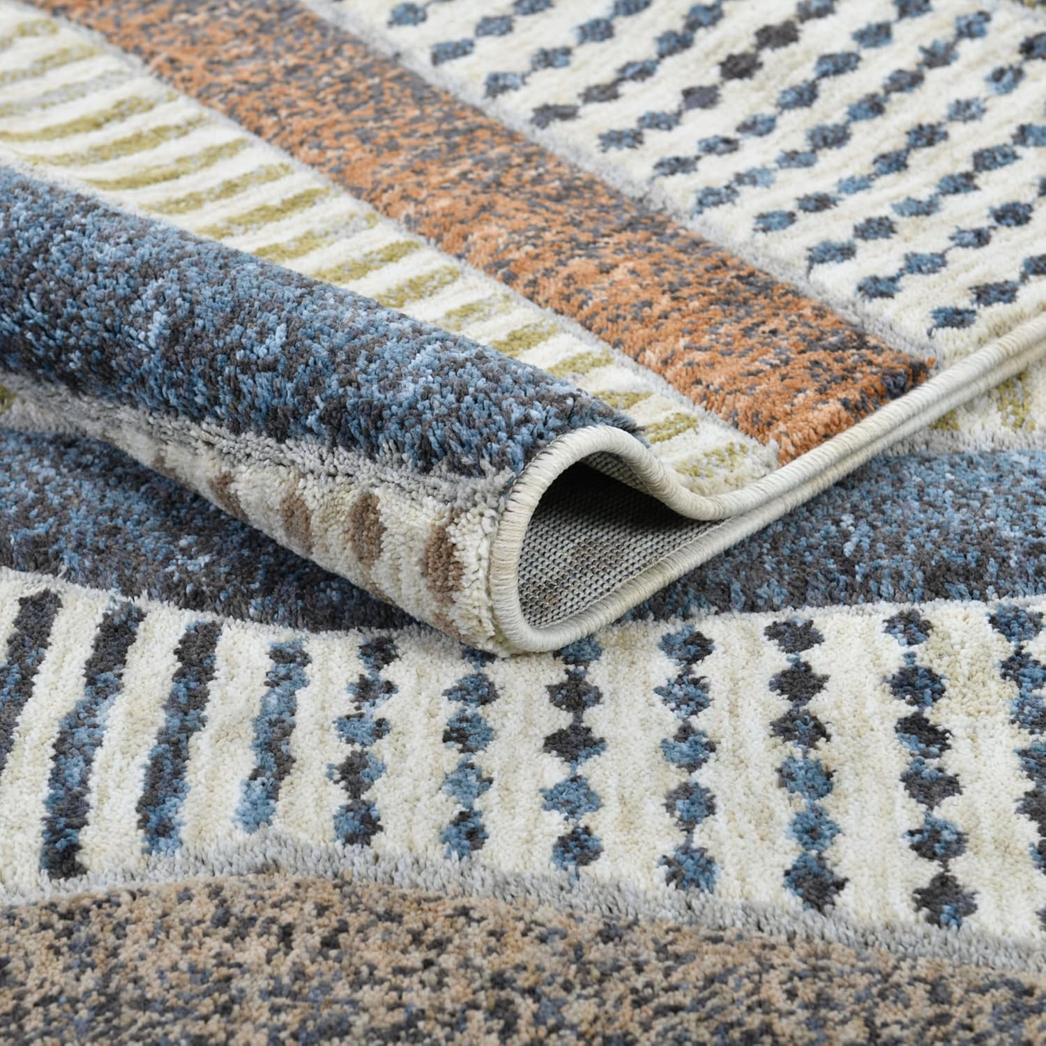 Well Woven Washable Area Rug 5x7 - Ridge Modern Plush Rug for Living Room & Bedroom, Denim Multi, Sculpted Stripe, Recycled Yarns, Stain Resistant Pet Friendly Floor Carpet - Elemental Collection