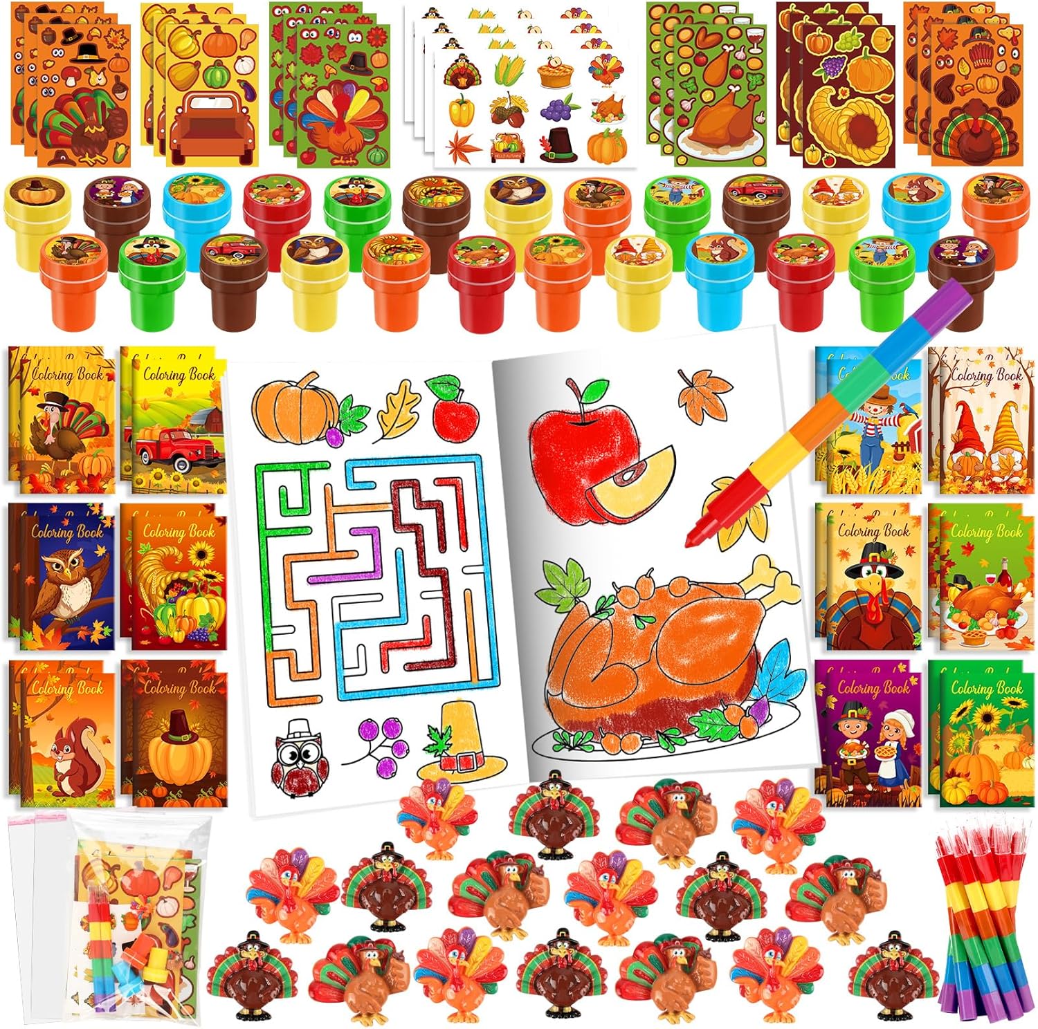BenLouis Fall Party Favors for Kids Thanksgiving Day Classroom Gifts Prize Coloring Books Set Bulk for Students Kids Autumn Pumpkin Harvest Pinata Filler Goodie Bag Stuffers Craft（24Set Thanksgiving）