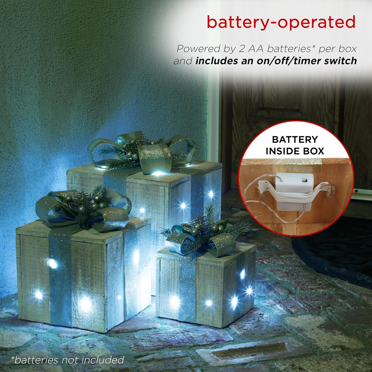 Festive Silver Wood LED-Lit Holiday Figurine Set, 3 Sizes