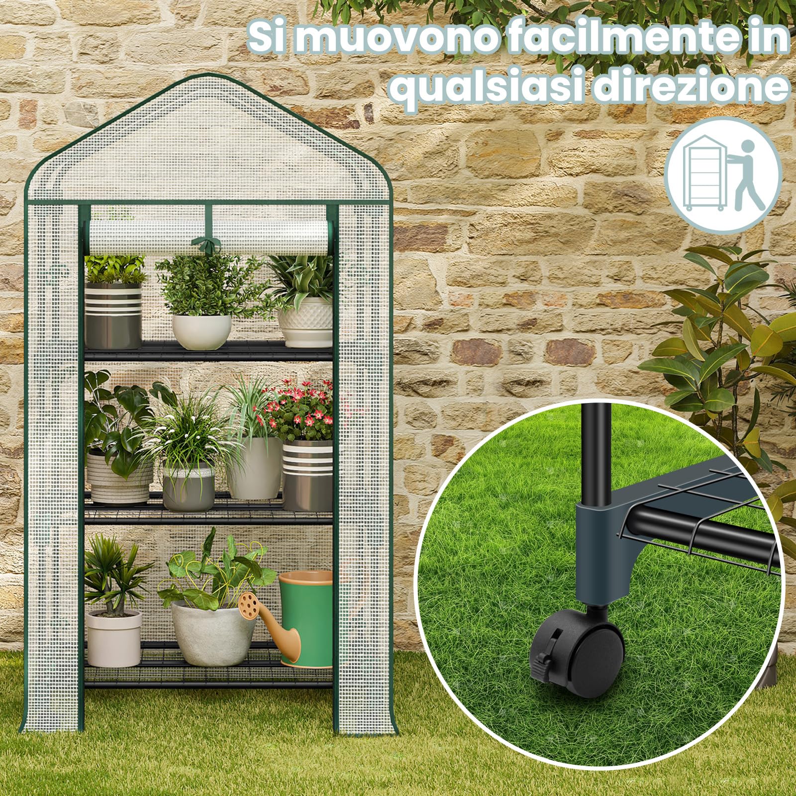 WOLTU Serra da Giardino, con Ruote, Serra da Balcone, 70x50x131 cm, Copertura in PE 140 g/m², Porta a Zip Avvolgibile, per Svernamento con 3/4 Ripiani, per Interni ed Esterni, Bianco