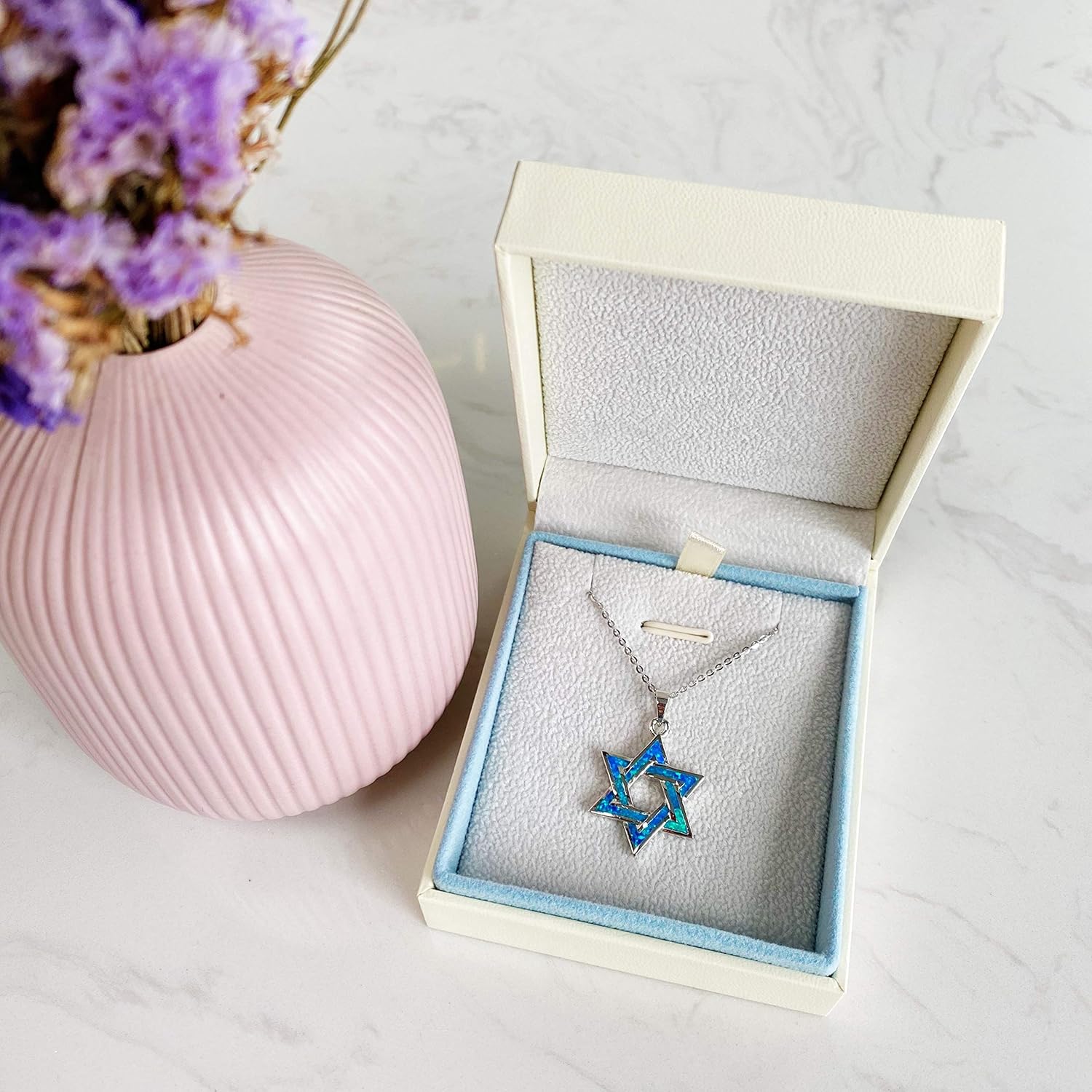 FANCIME Hanukkah Sterling Silver Created Blue Opal Star Necklace/Dangle Earrings/Bracelet Charm Danity October Birthstone Fine Jewelry for Women - Image 6