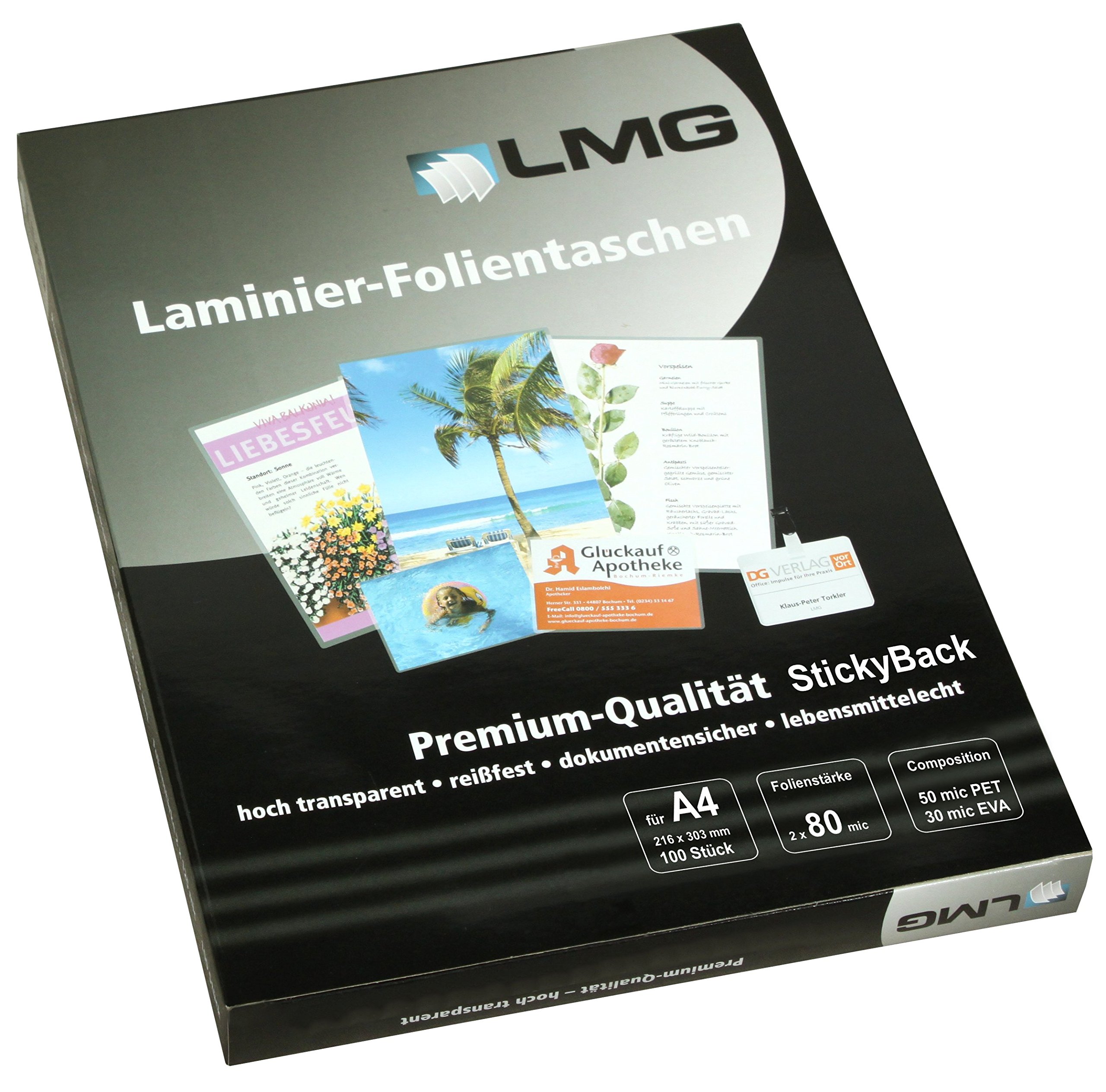 LMG LMGA4-80S Laminierfolien A4, 216 x 303 mm, 2 x 80 mic mit selbstkl Rückseite, 100 Stück