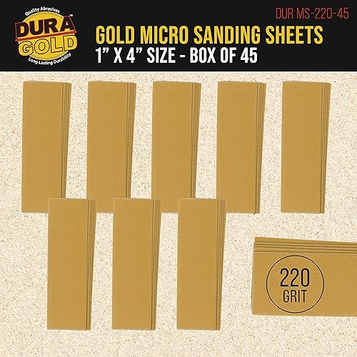 Miniatura 2 de Dura-Gold Micro hojas de papel de lija doradas de 1 x 4 pulgadas, grano 220 (caja de 45) - Parte trasera de gancho y bucle, carpintería para muebles