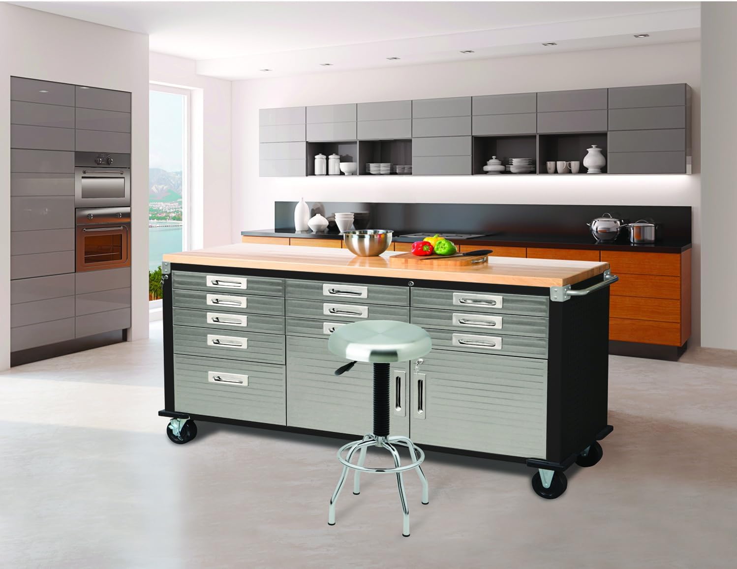 Seville Classics UltraHD Heavy Duty Rolling Cabinet Workbench Table w/Solid Wood Top, Workstation for Garage, Warehouse, Office, Workshop, 77" W x 20" D x 37.5" H, Graphite, 11-Drawer