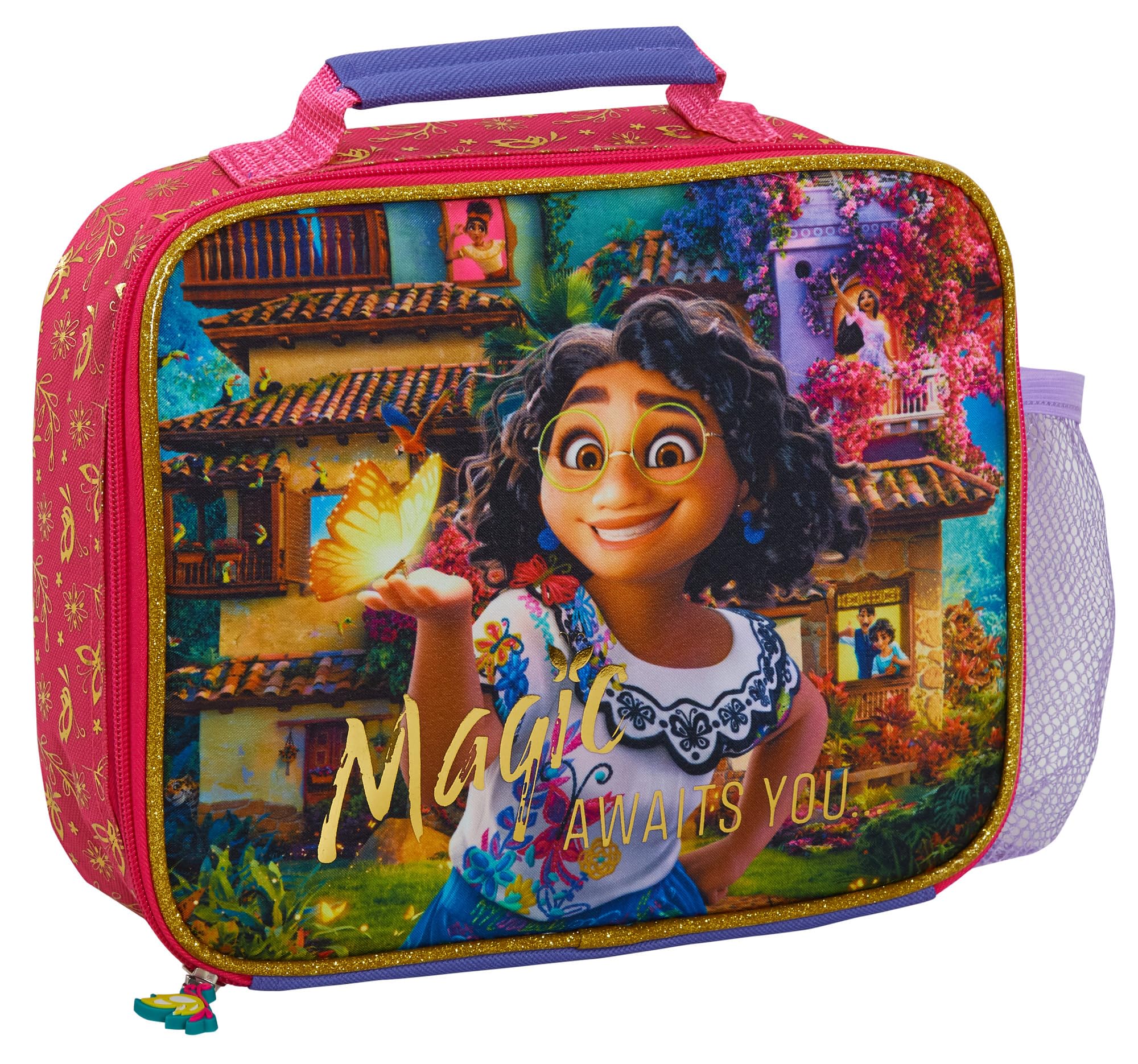 Disney Encanto Lunch Bag with Bottle Holder Girls School Lunchbox Insulated Cooler Bag, Purple