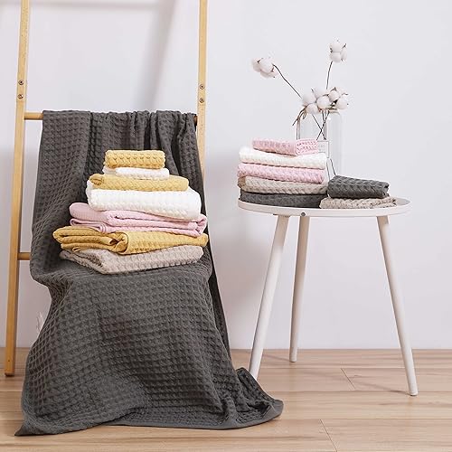 Miniatura 6 de YiLUOMO Juego de 3 toallas de baño de punto gofre, juego de toallas 100% algodón (1 toalla de baño, 1 toalla de mano, 1 toallita) Toalla de mano de