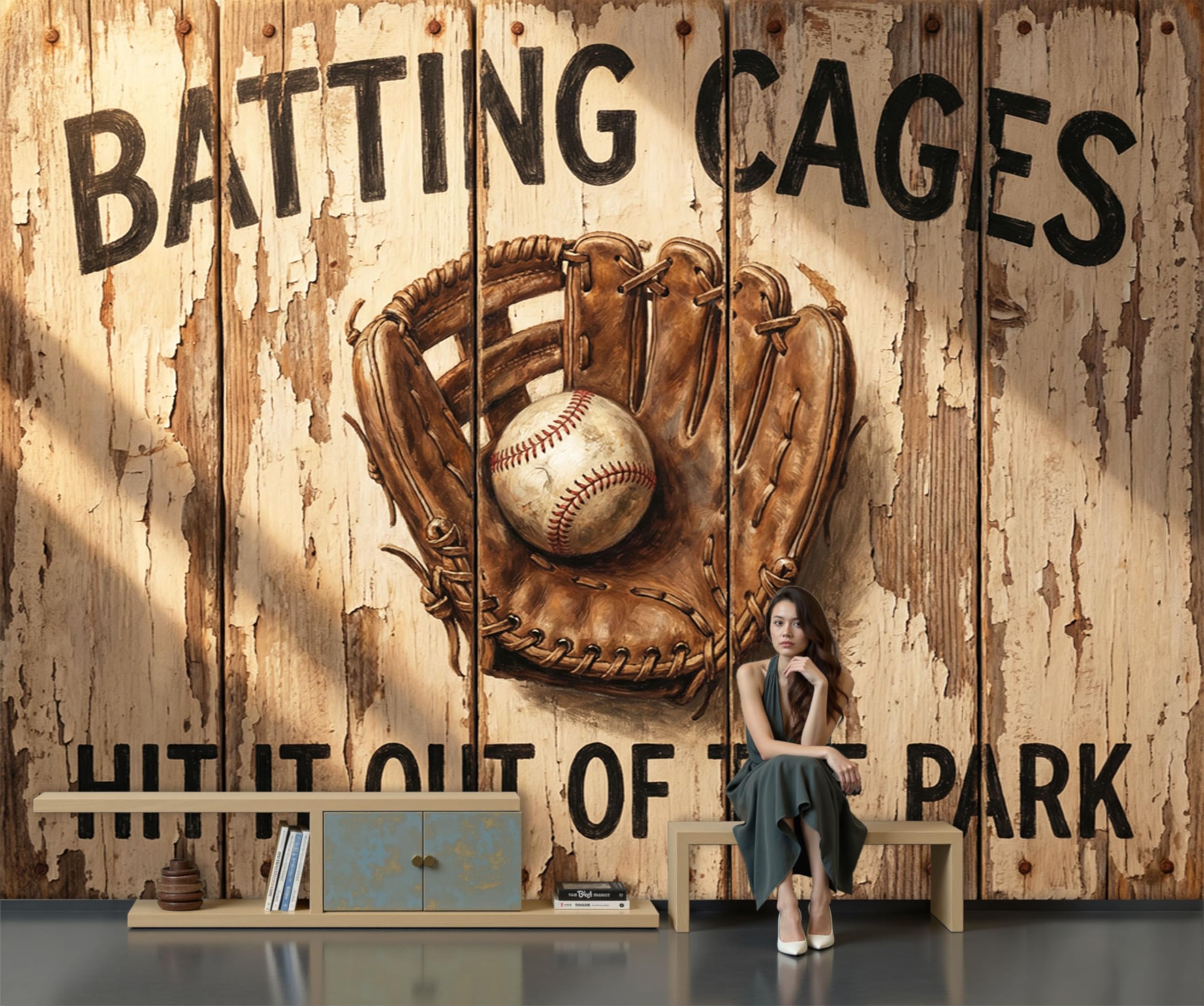 Papier peint panoramique baseball rétro beige 450x315 cm