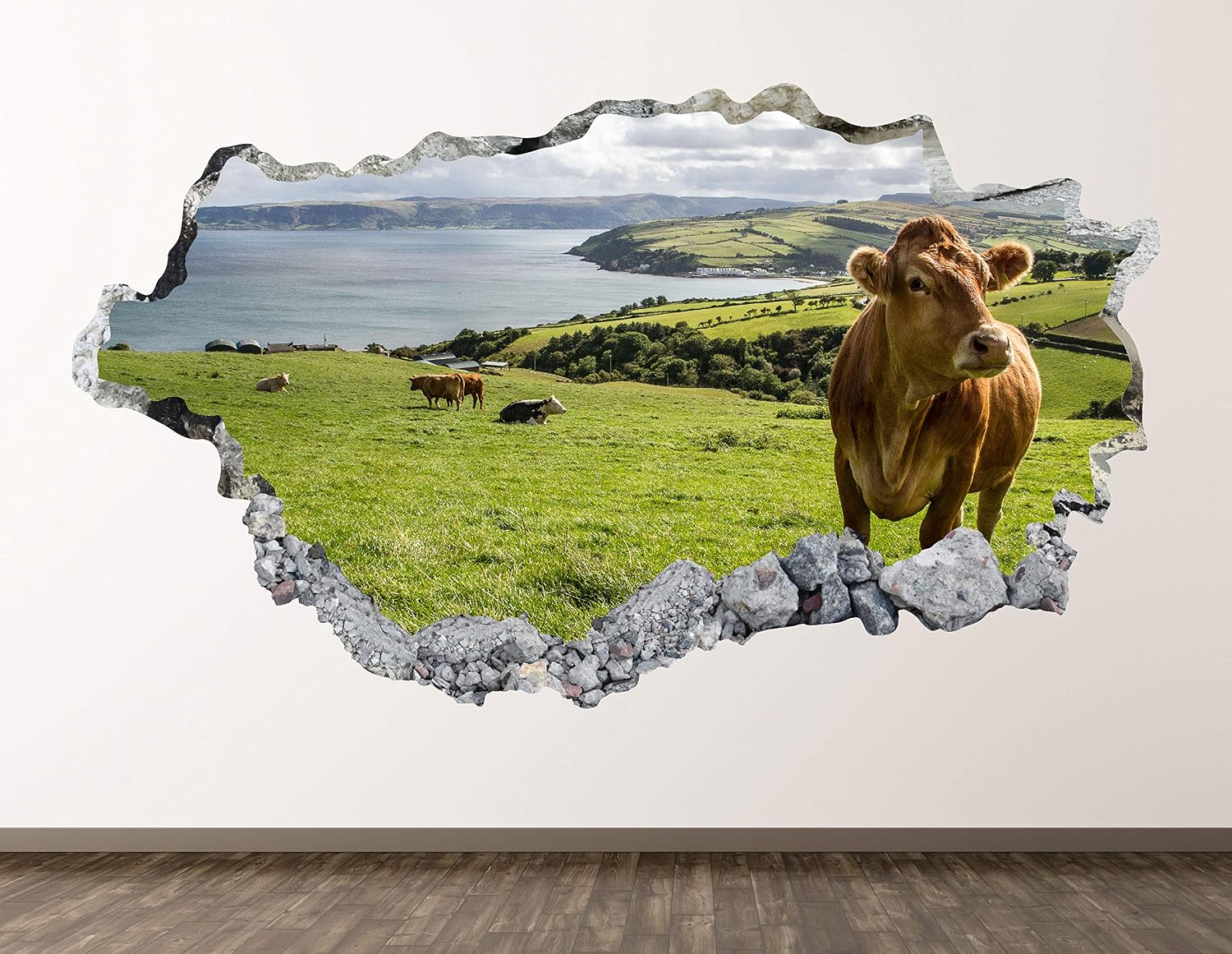 Cow Wall Decal Art Decor 3D Smashed Wild Animal Sticker Poster Kids Room Mural Custom Gift BL836 (30"W x 18"H)