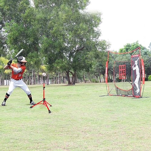 Miniatura 4 de AOLIGEIJS Red de práctica de sóftbol de béisbol de 7 x 7 pies, red de lanzamiento, red de bateo, con camiseta de béisbol, zona de golpe de