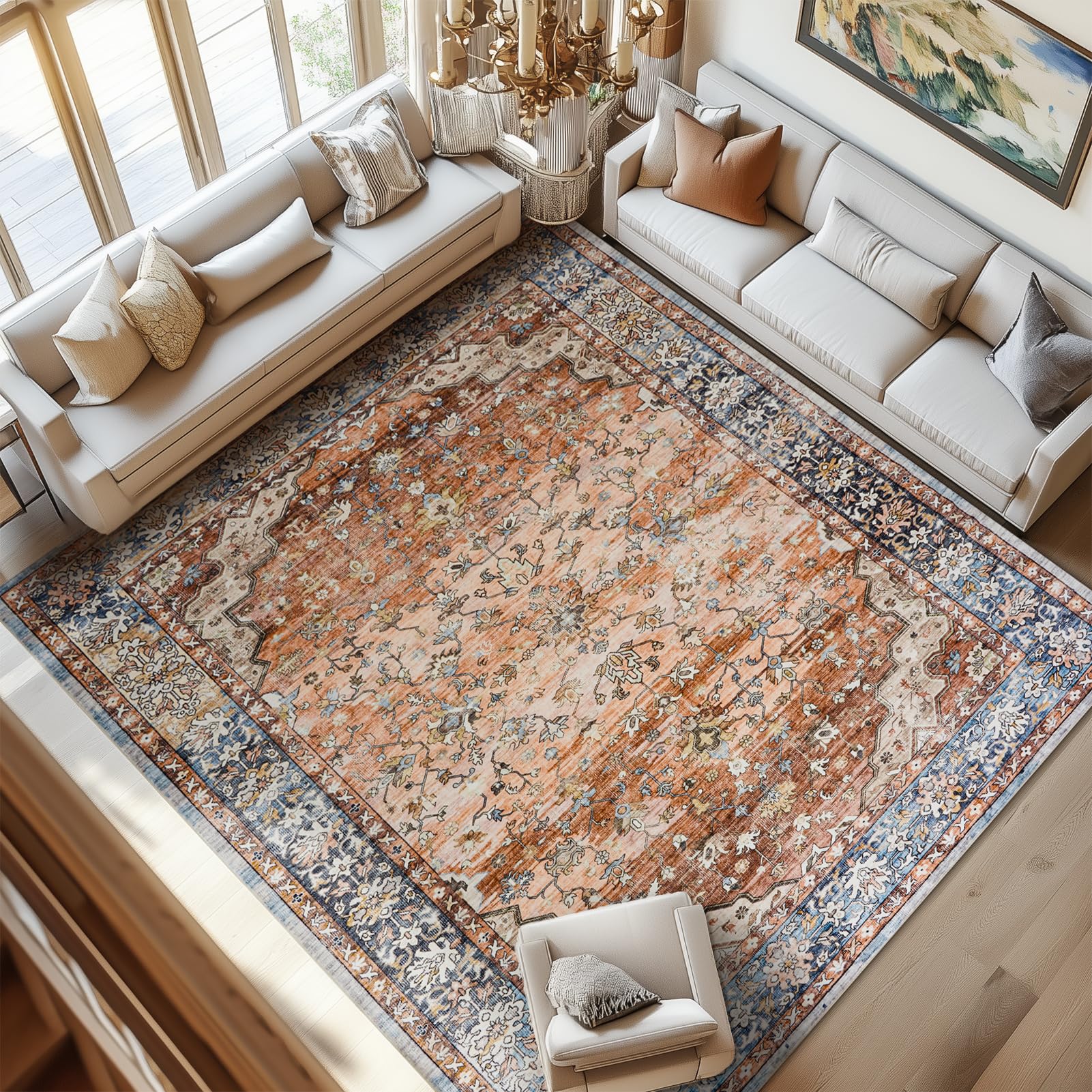 Topfinel Large Rugs for Living Room 200x290cm, Low Pile Washable Rug with Non-Slip Backing, Vintage Rust Area Rug for Bedroom, Dining Room