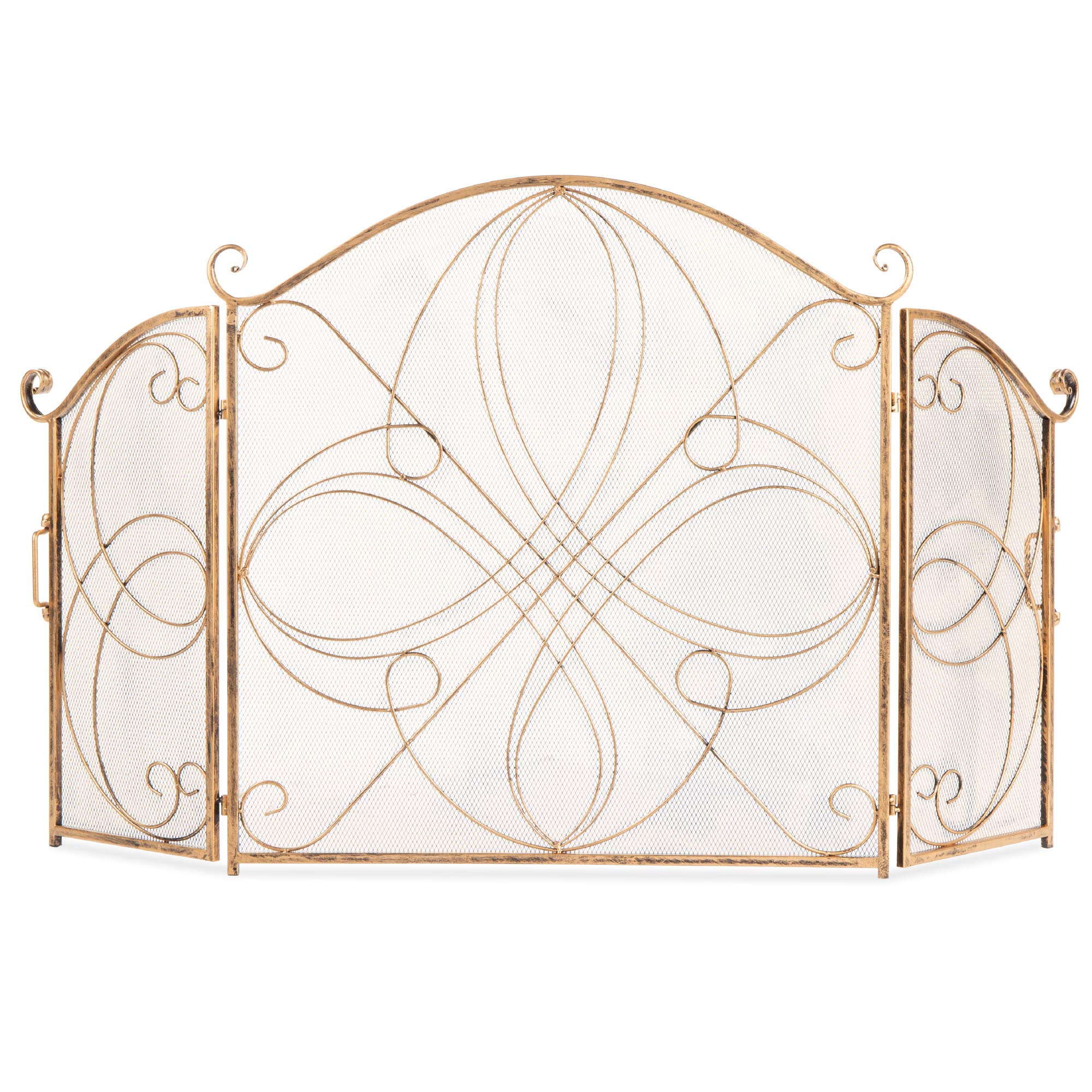 Best Choice Products 3-Panel 55x33in Solid Wrought Iron See-Through Metal Fireplace Screen, Spark Guard Safety Protector w/Decorative Scroll - Gold